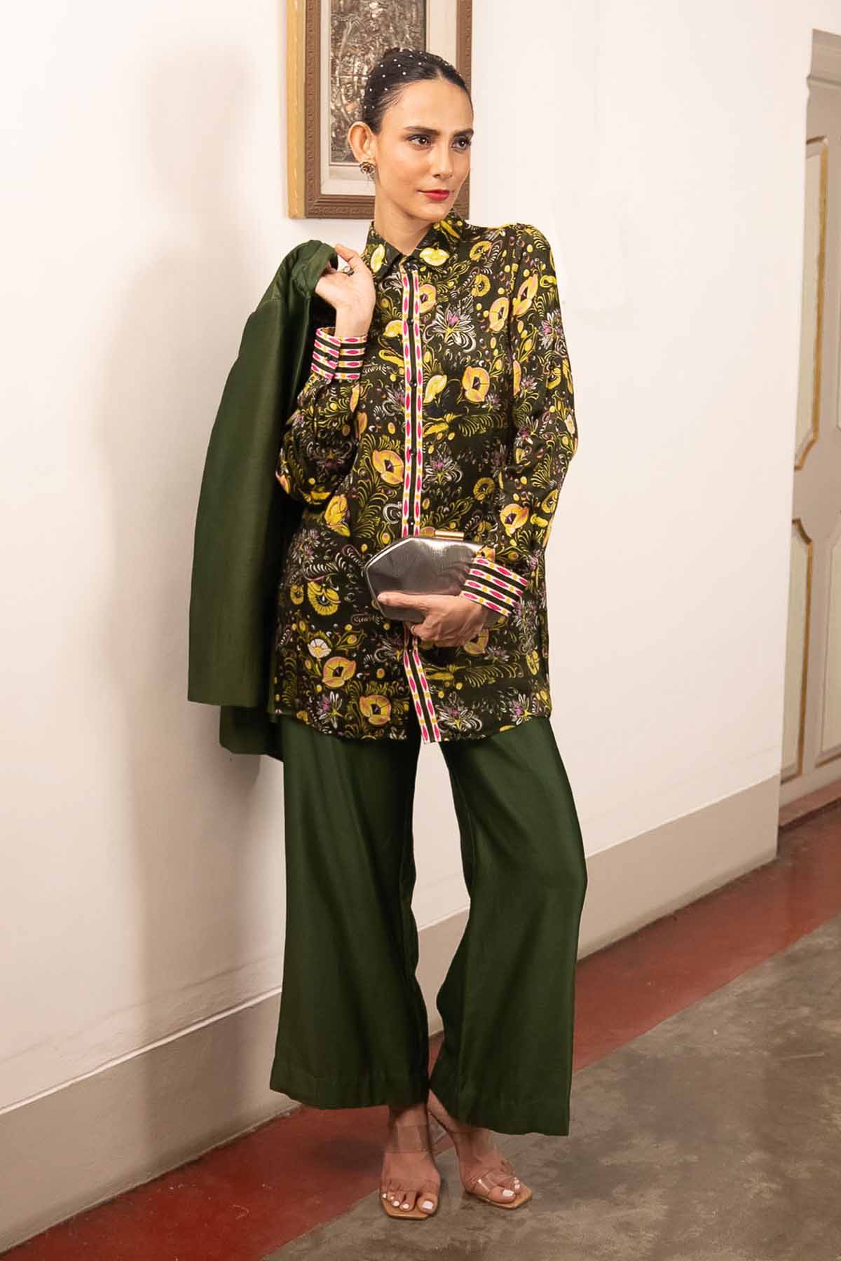 Green Printed Indo-Western Set