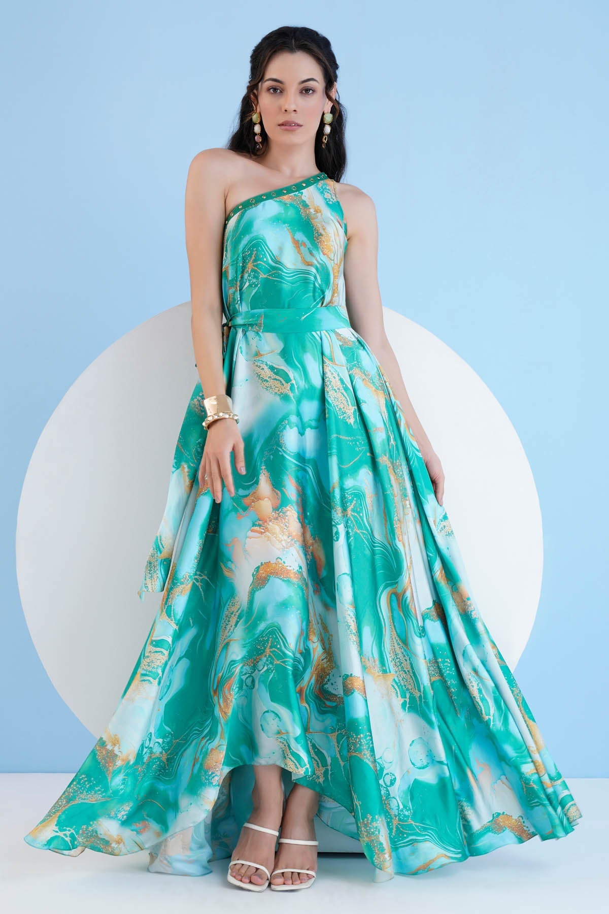 Buy Green Printed Kaftan Dress by Mandira Wirk