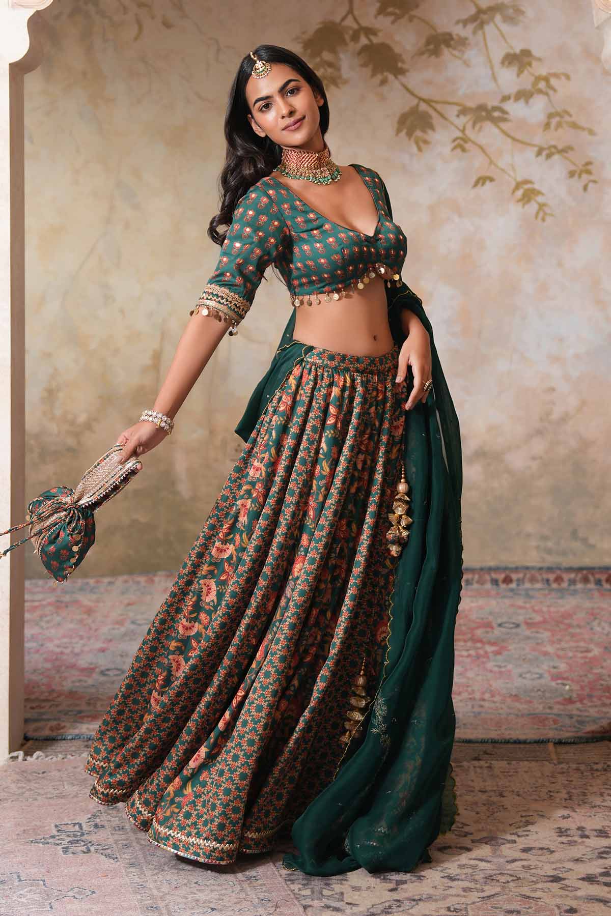 Green Printed Lehenga & Blouse