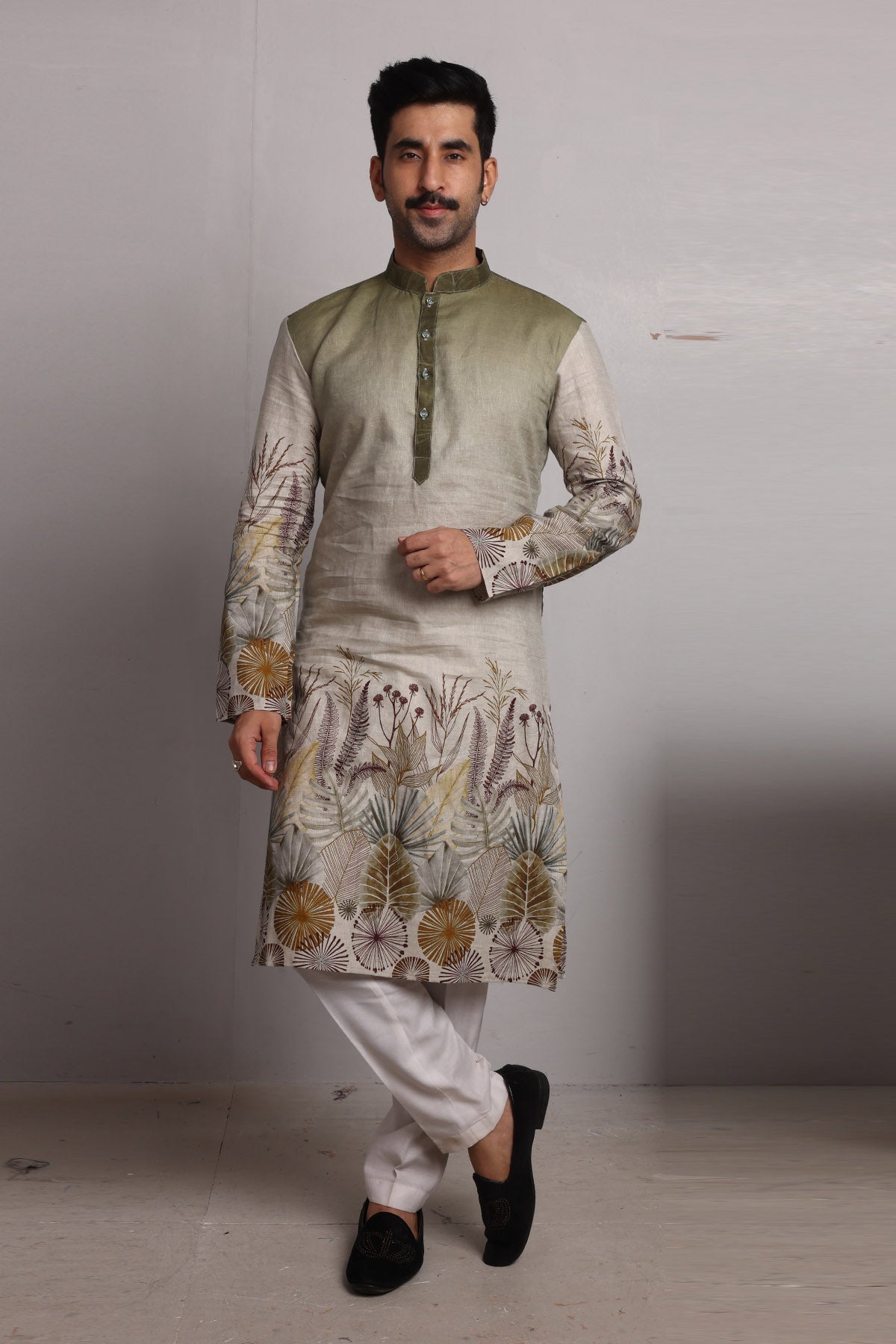 Buy Green Printed Linen Ombre Kurta by SNEHA B - Men for men online at ScrollnShops