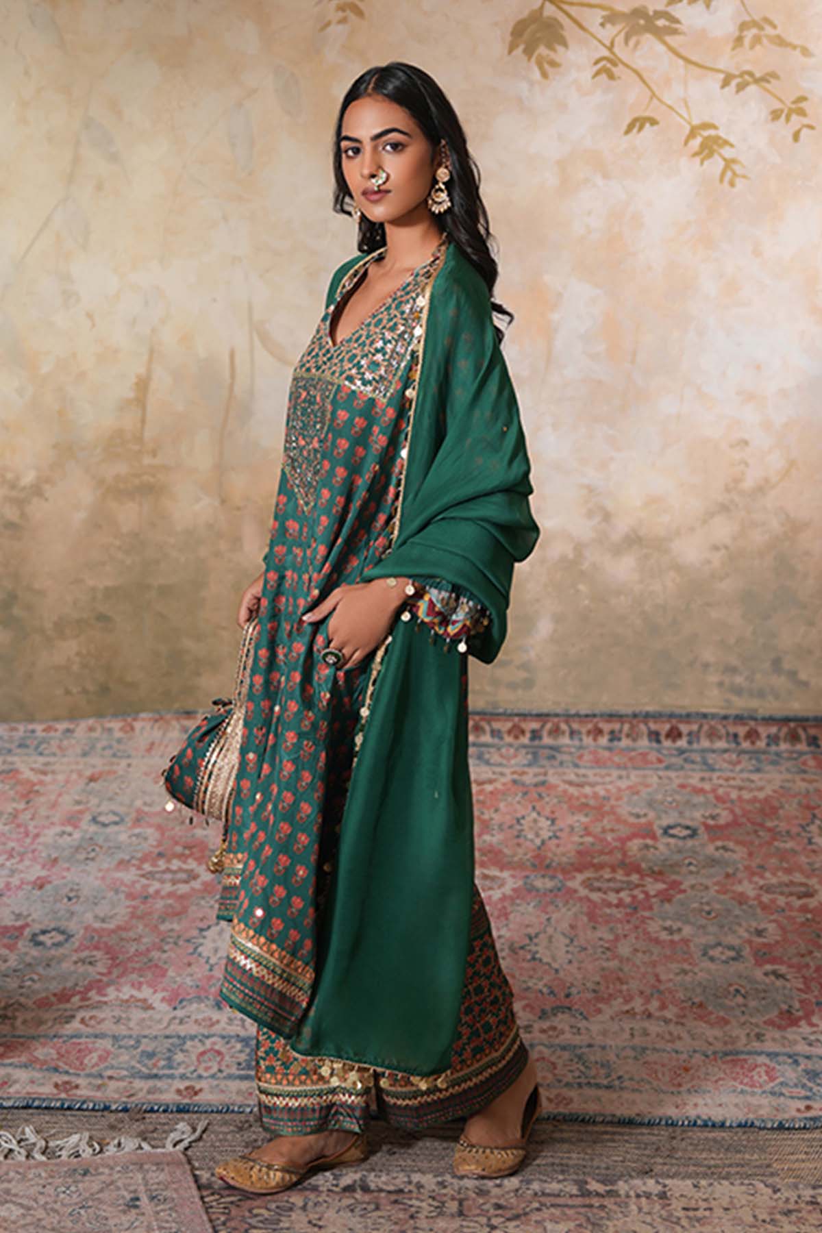 Green Printed Short Kurta Set