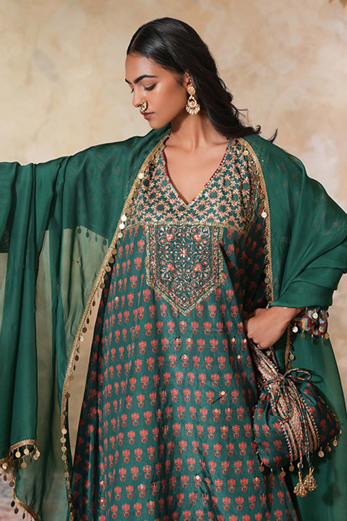 Green Printed Short Kurta Set