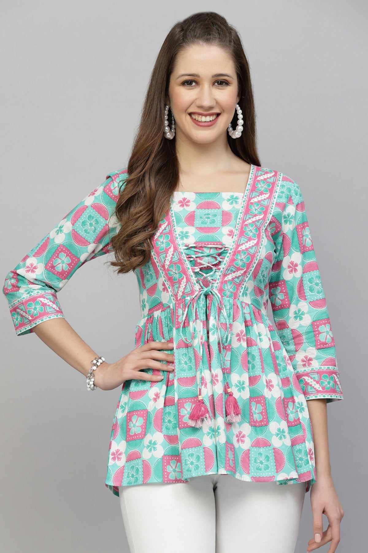 Buy Green Printed Tie Up Waist Top for Women by Qomn Designer online available at scrollnshops