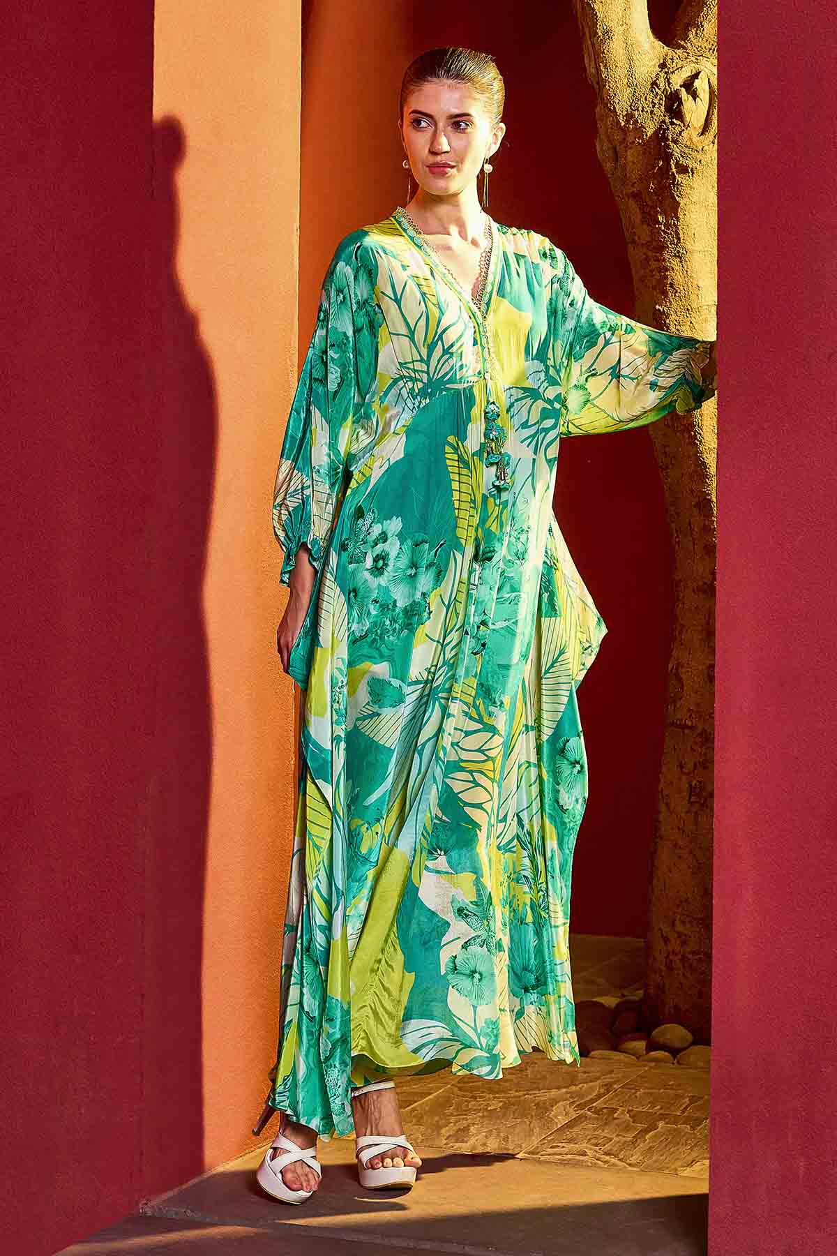 Green Printed V-Neck Kaftan