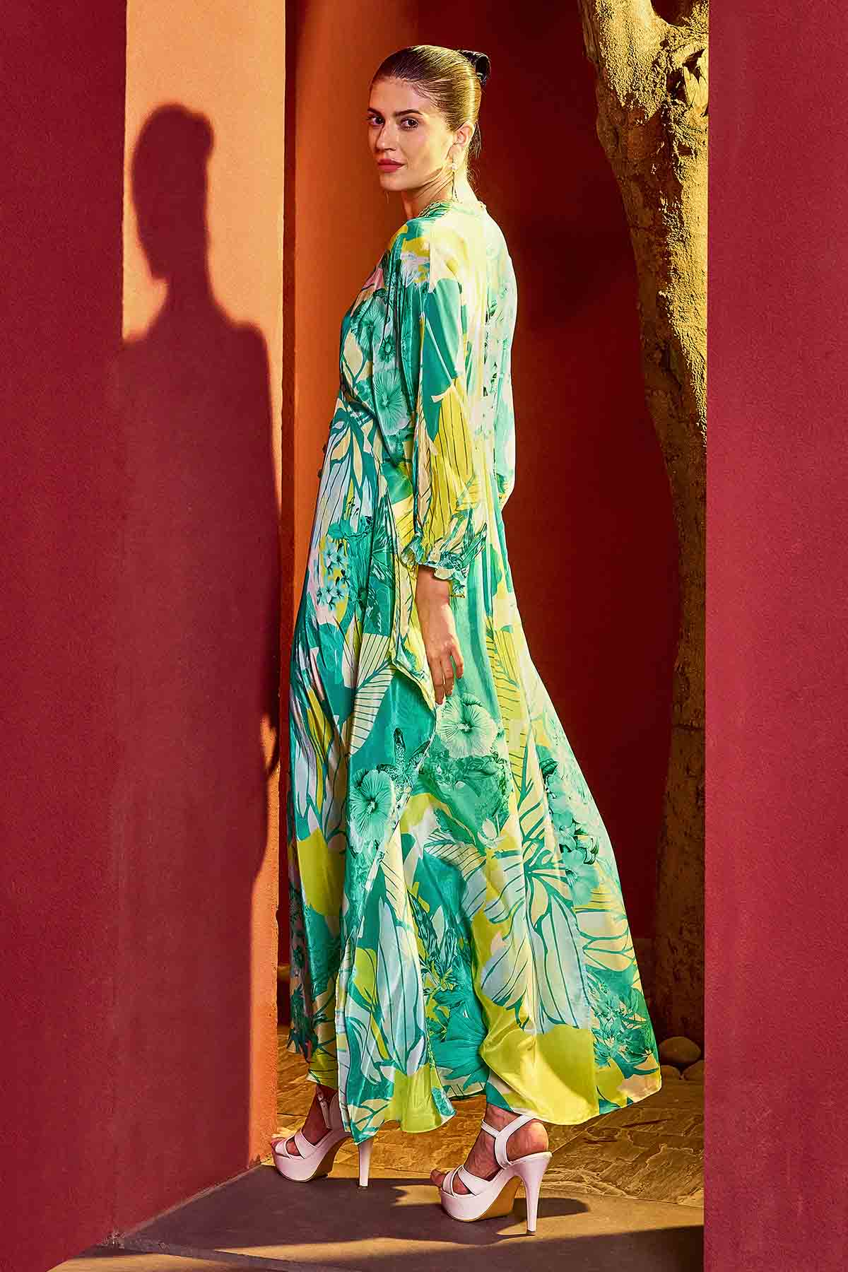 Green Printed V-Neck Kaftan