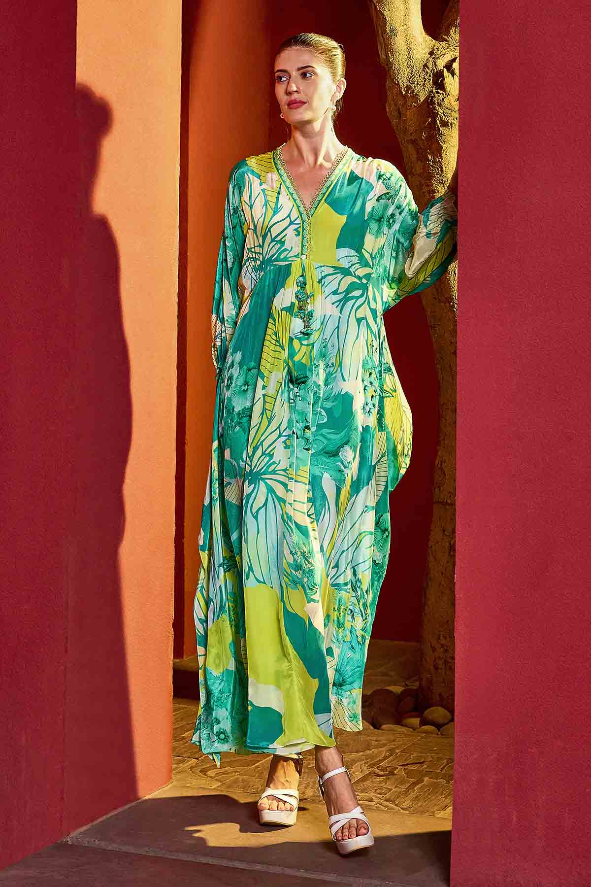 Buy Green Printed V-Neck Kaftan by Mandira Wirk