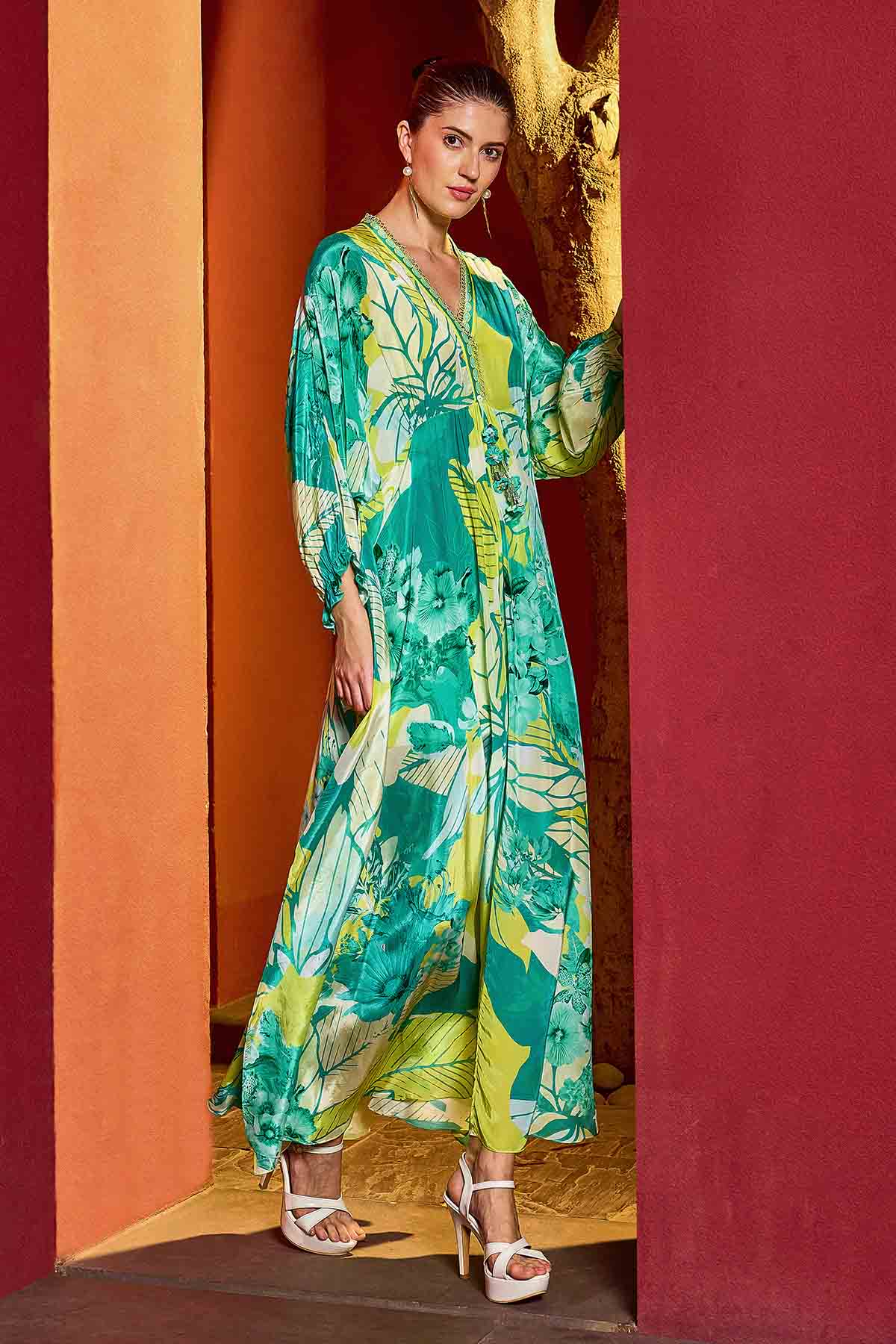 Green Printed V-Neck Kaftan
