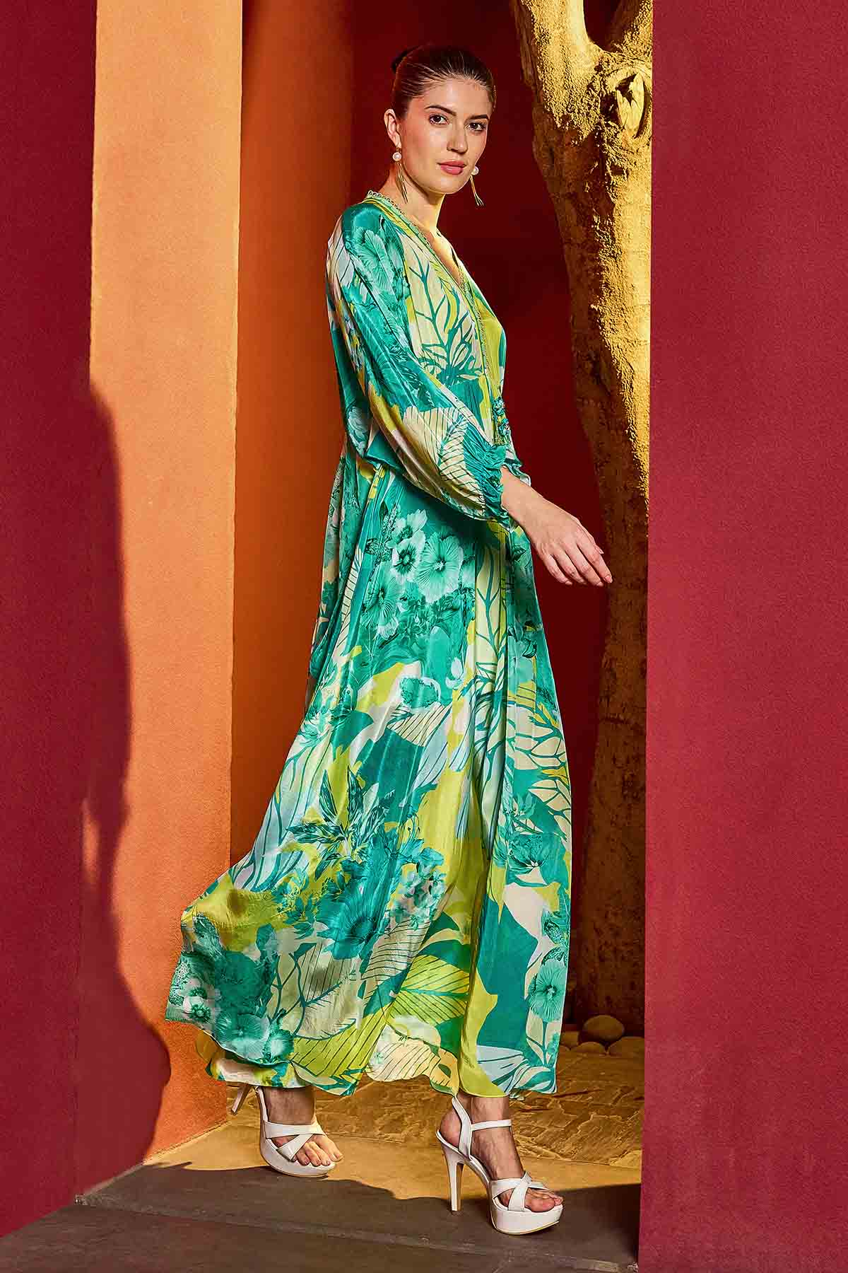 Green Printed V-Neck Kaftan