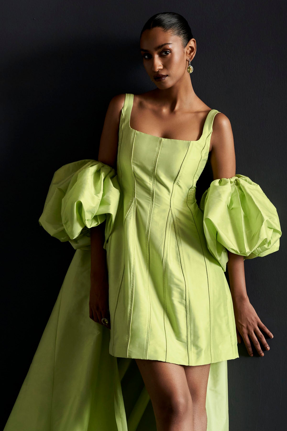 Green Puff Sleeves Cape Dress