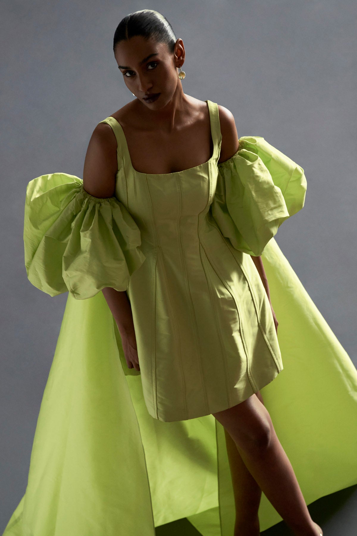 Green Puff Sleeves Cape Dress