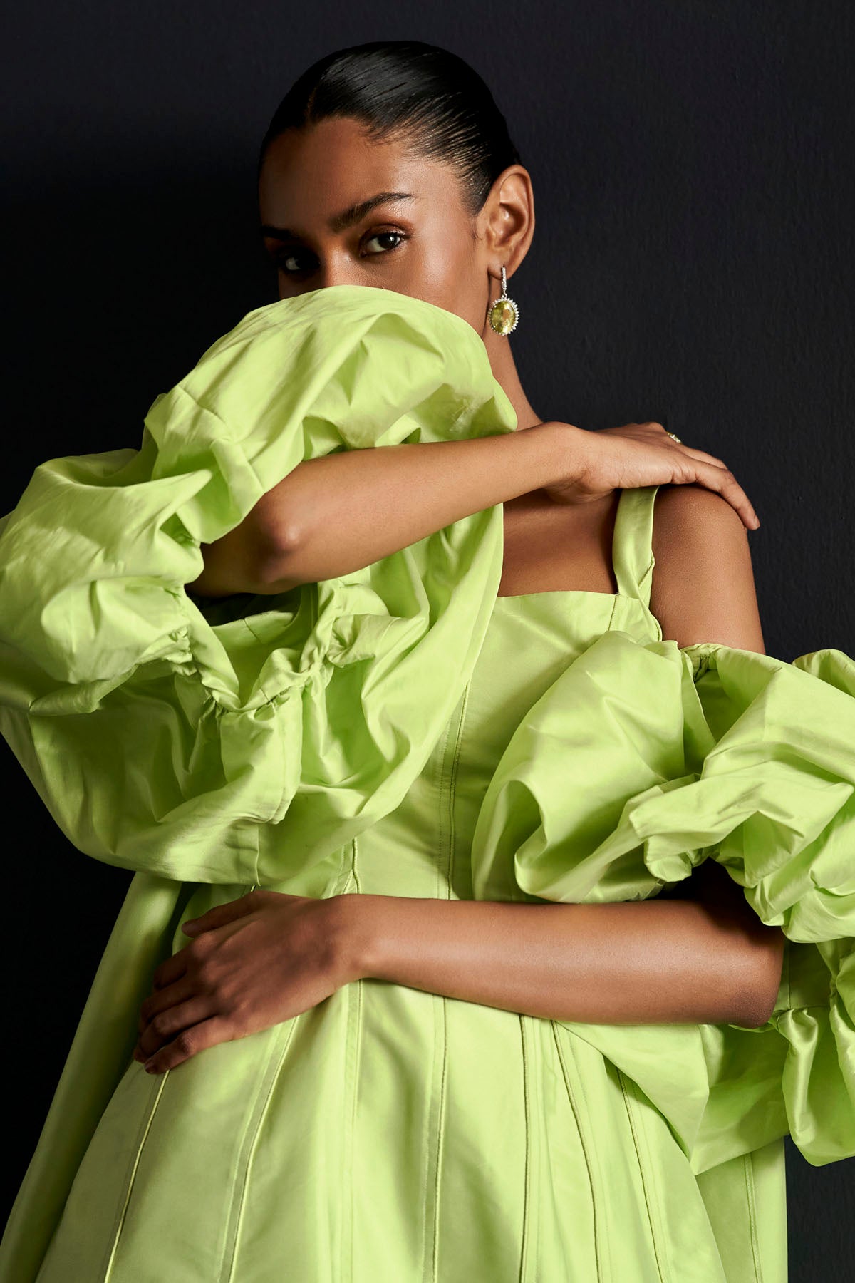 Green Puff Sleeves Cape Dress