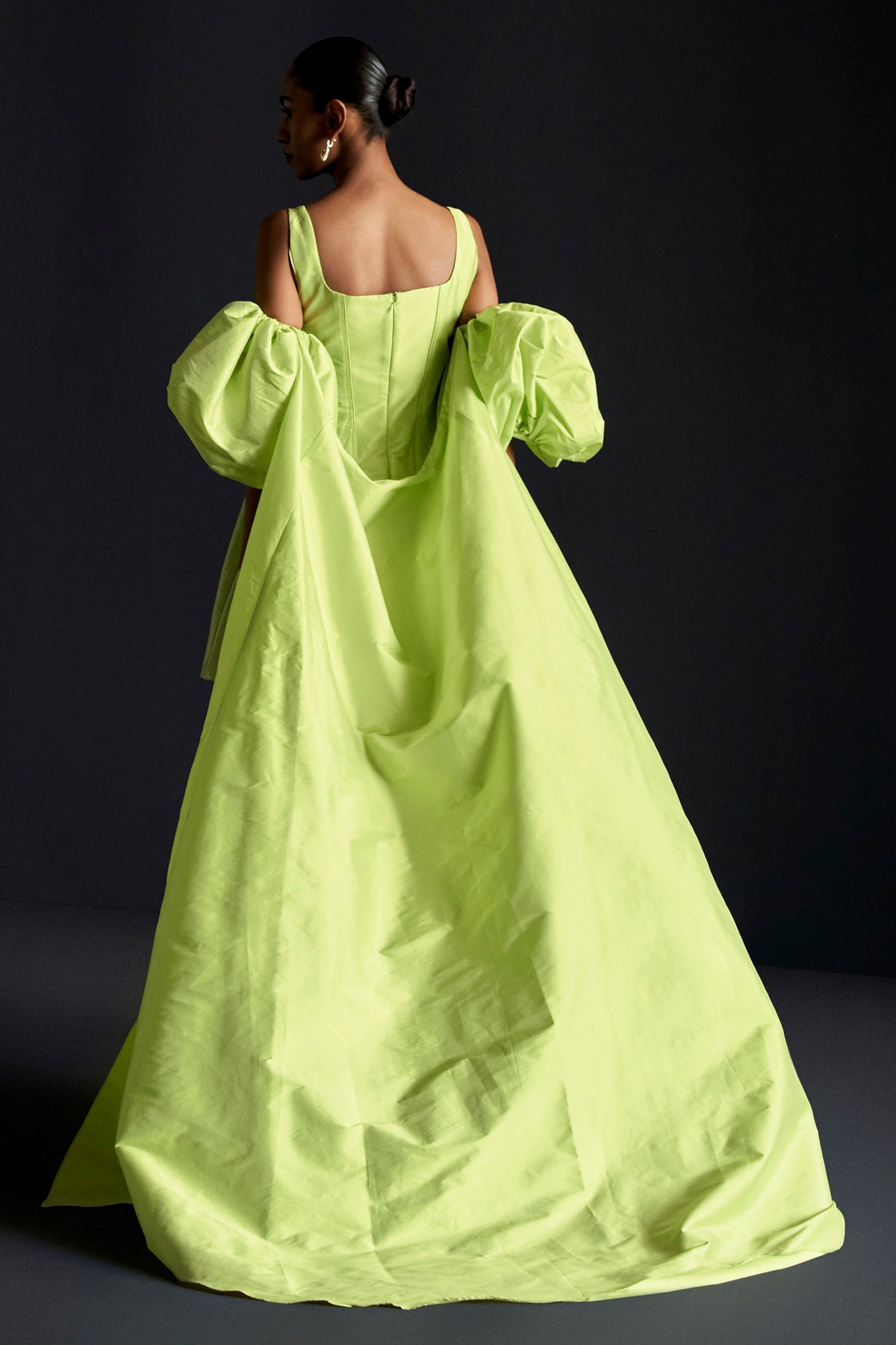 Green Puff Sleeves Cape Dress