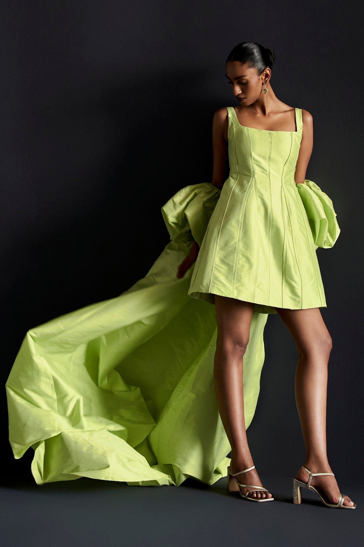 Manika Nanda Green Puff Sleeves Cape Dress for women online at ScrollnShops