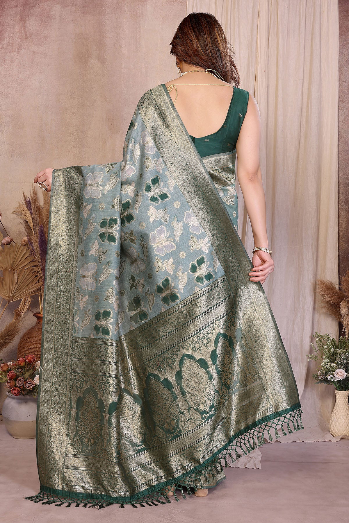 Green Pure Cotton Tassel Saree