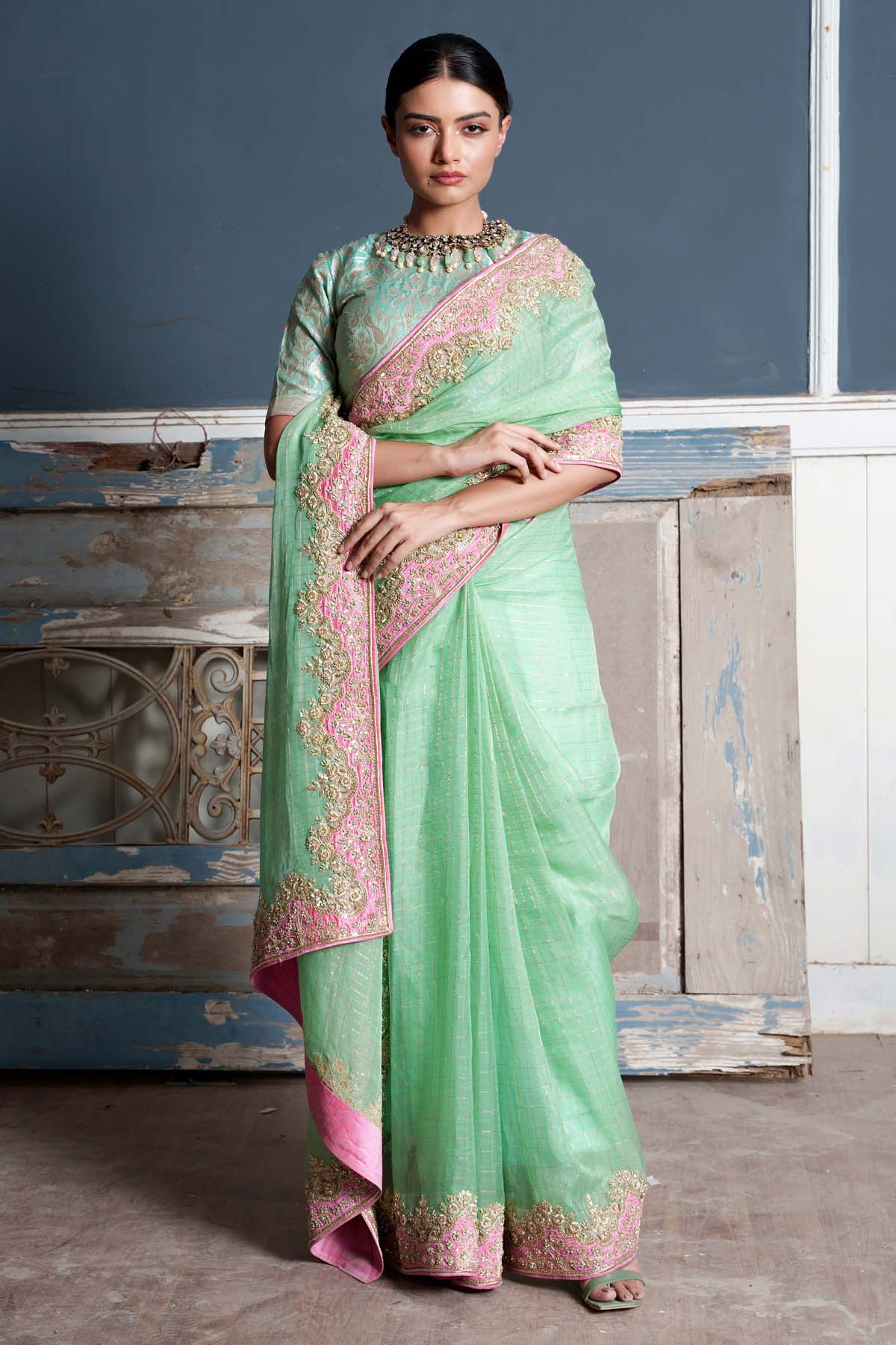 Seharre Green Raw Silk Embroidered Saree for women online at ScrollnShops