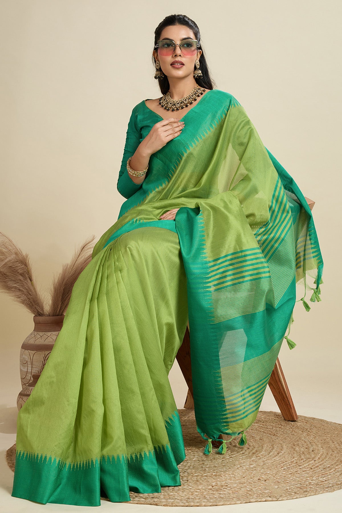 Buy Green Raw Silk Thread Saree for Women Online available at ScrollnShops