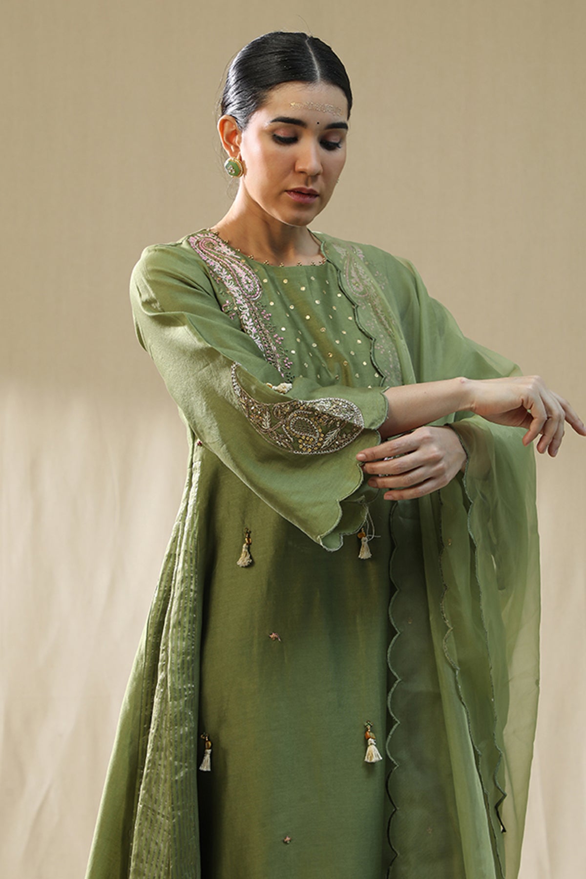 Green Resham A-Line Kurta Set