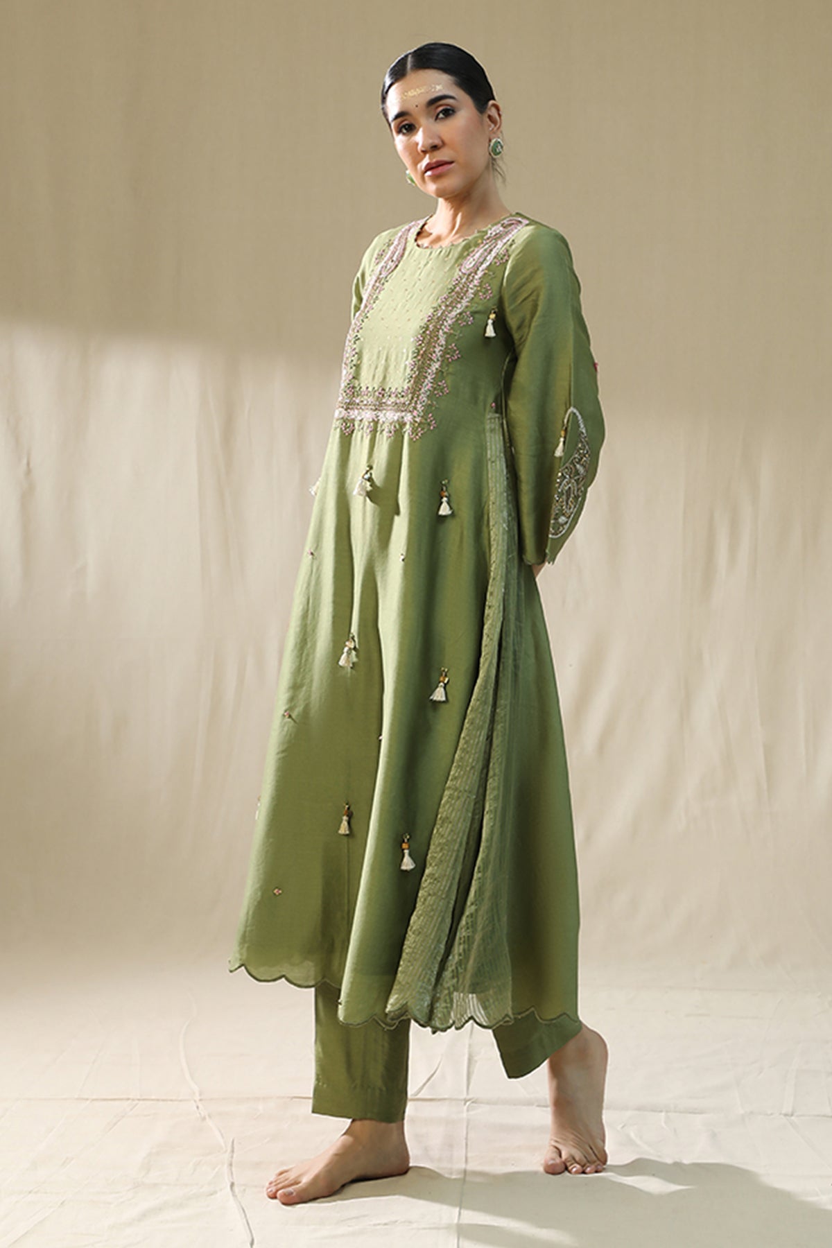 Green Resham A-Line Kurta Set