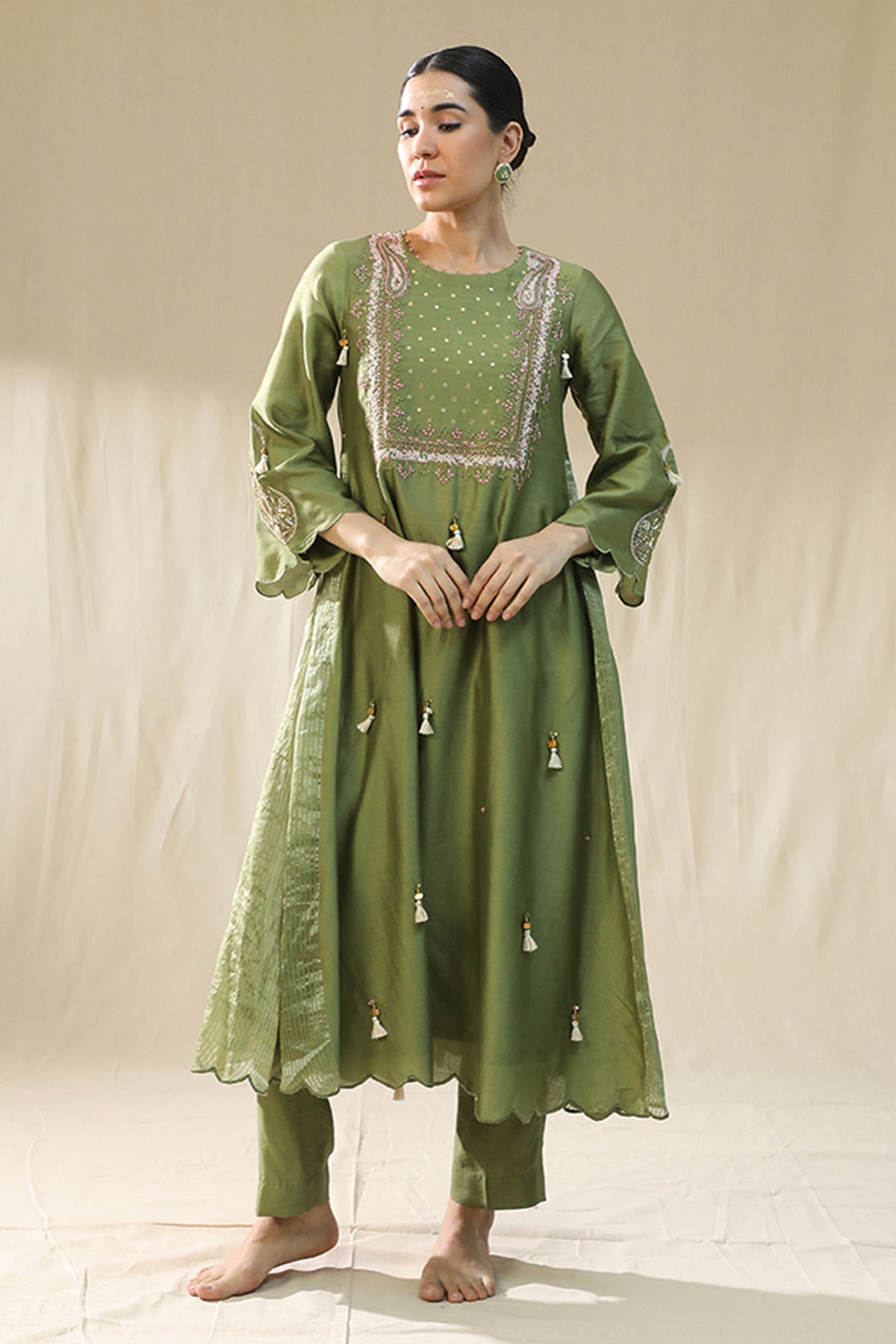 Green Resham A-Line Kurta Set