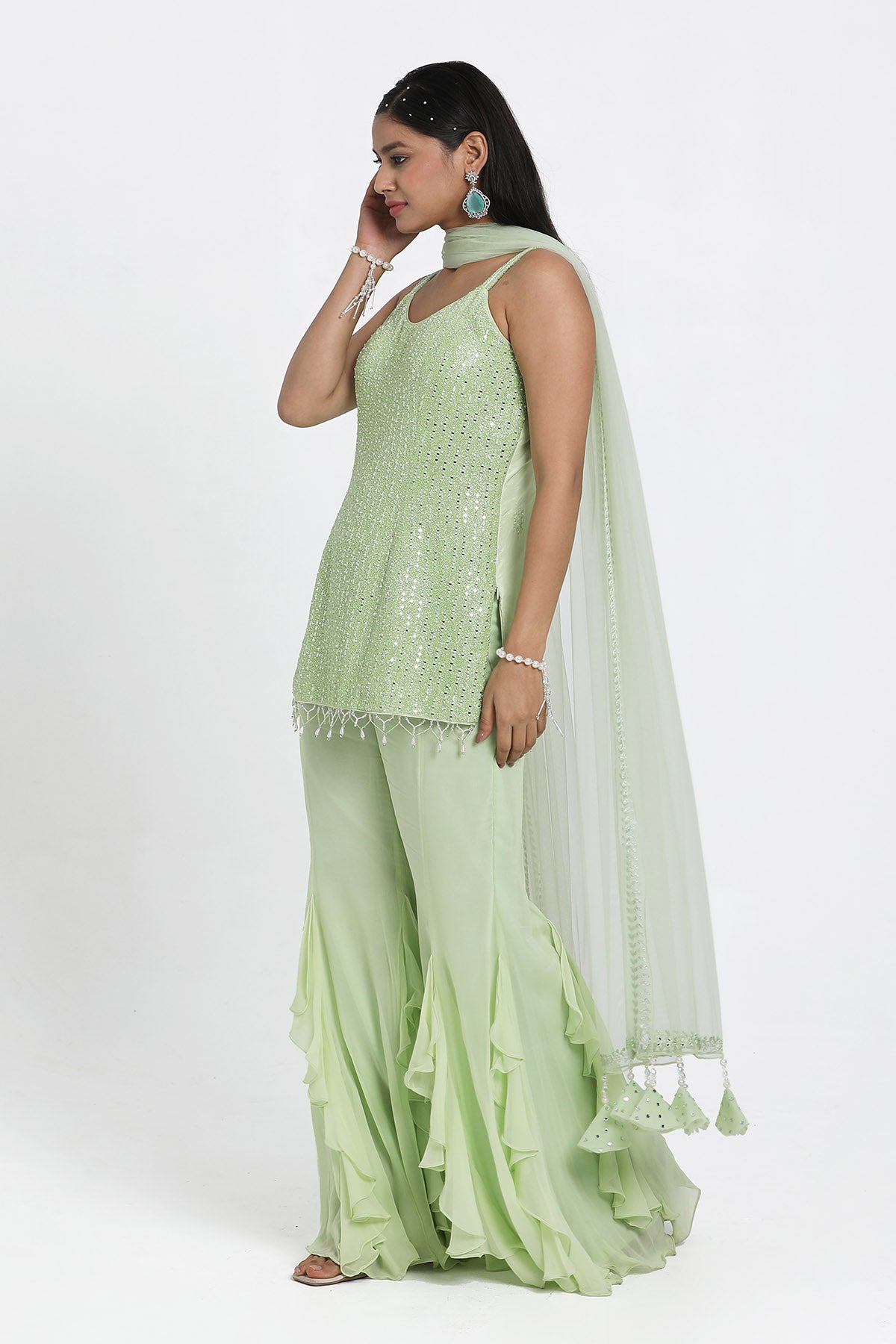 Green Resham Work Sharara Set