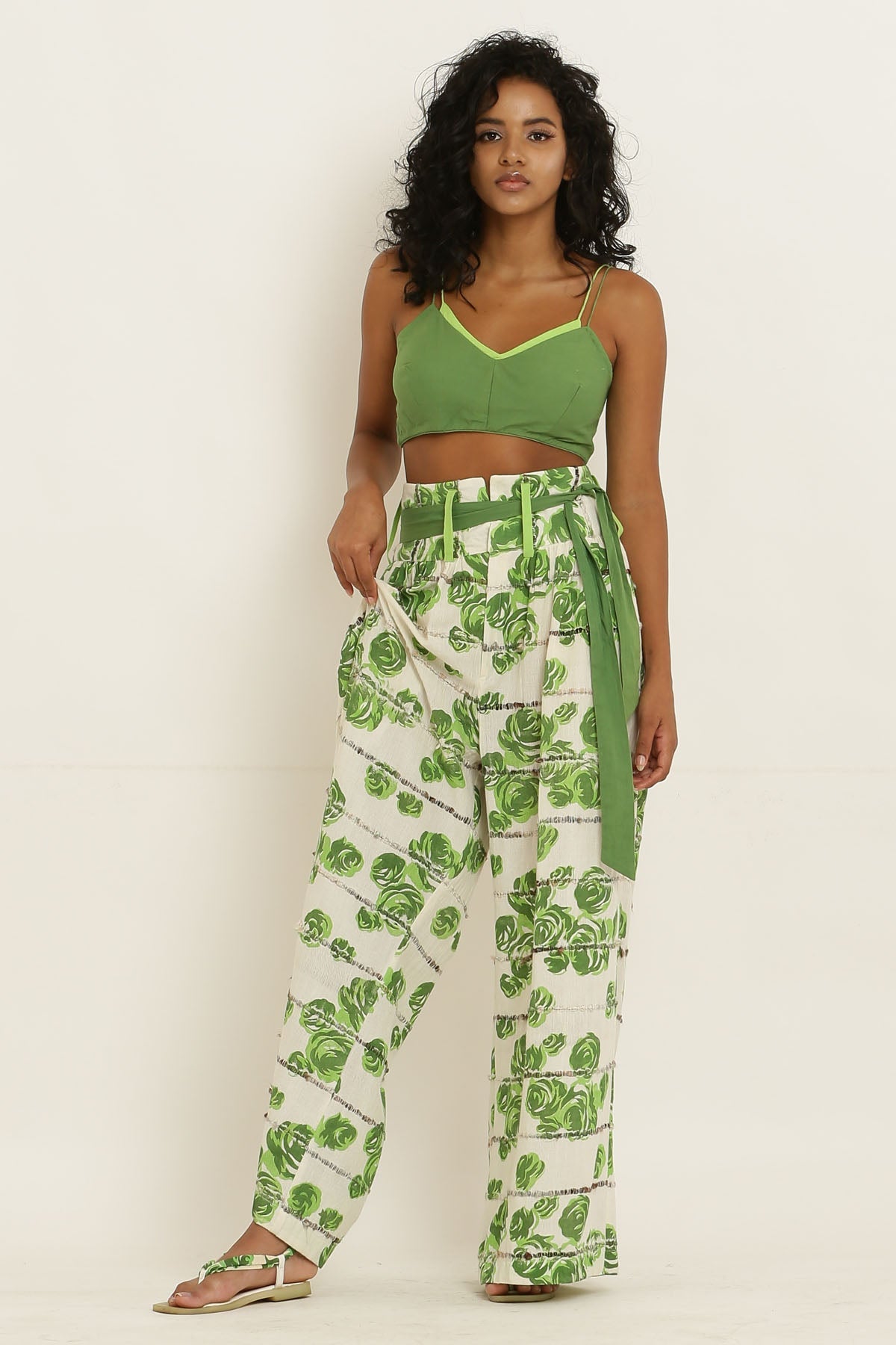 Designer Kusmi Breezy Green Rose Pants: Elevate Your Casual & Holiday Style For Women at ScrollnShops