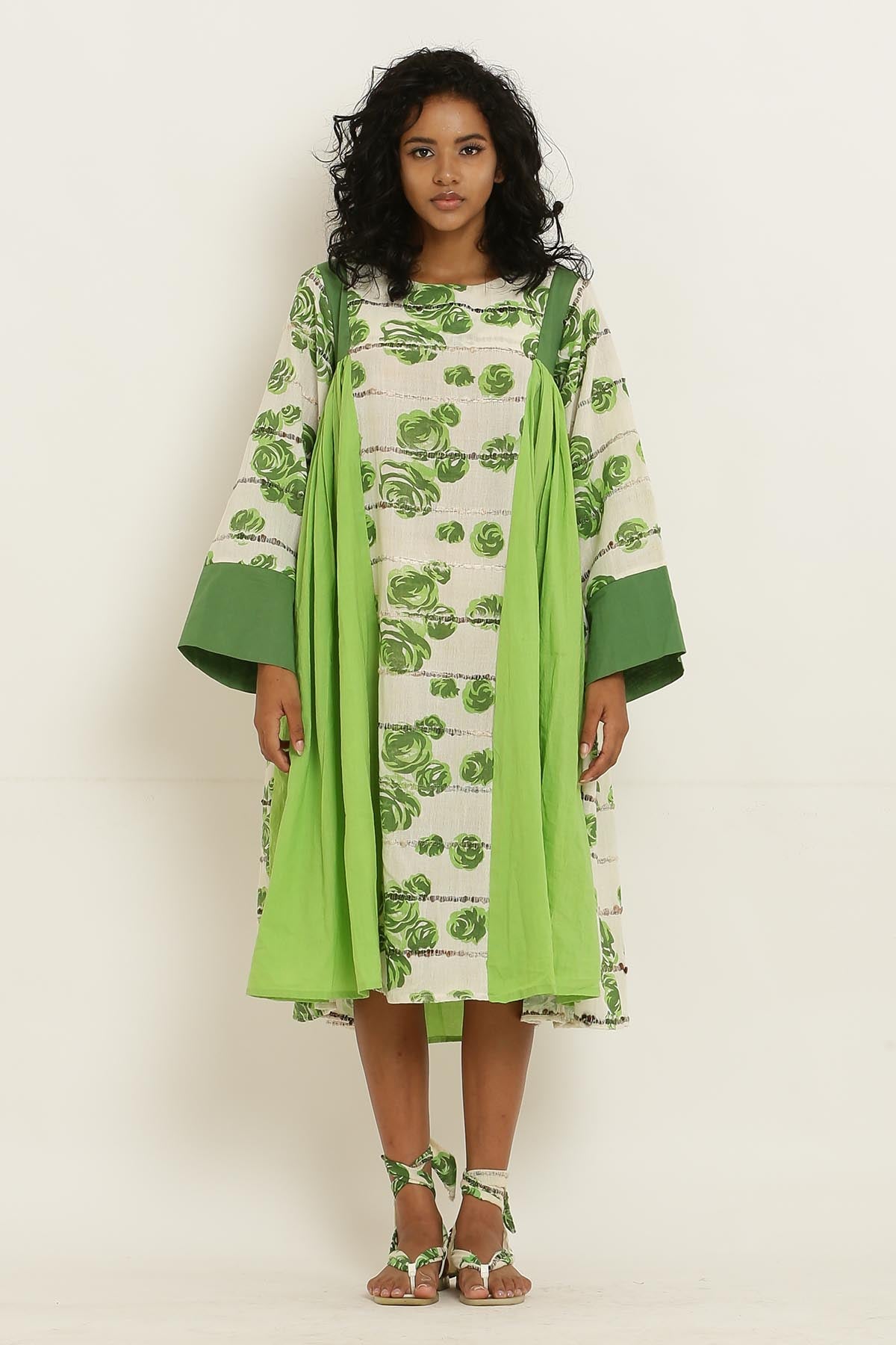 Designer Kusmi Exclusive Green Rose Printed Cotton Dress - Tropical Bliss For Women at ScrollnShops