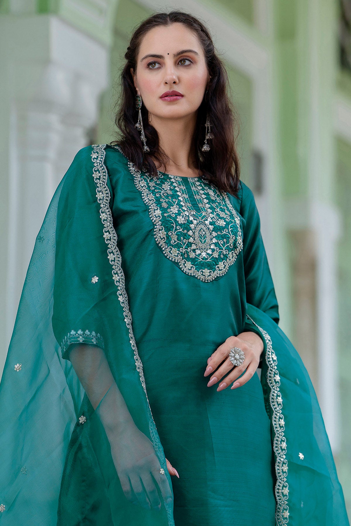Green Round Neck Silk Kurta Set