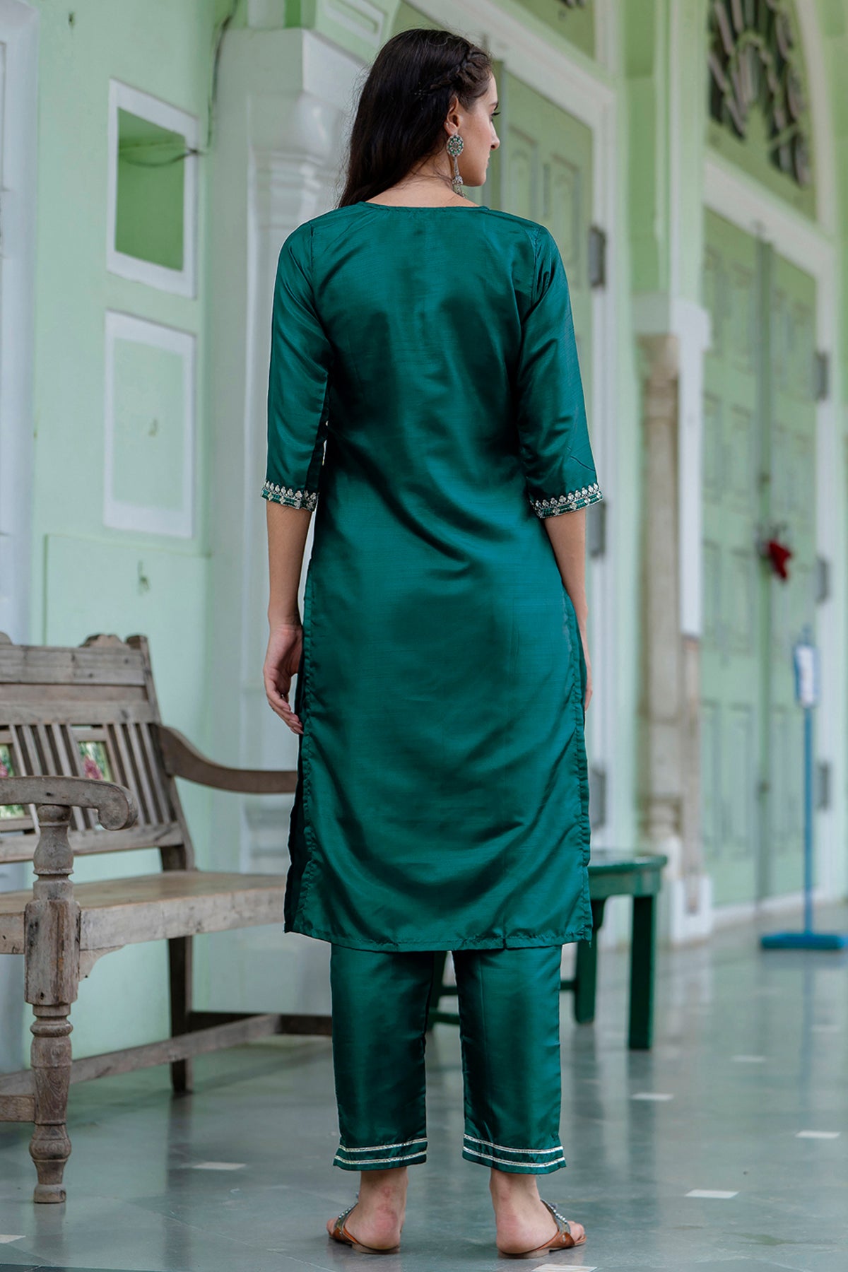 Green Round Neck Silk Kurta Set
