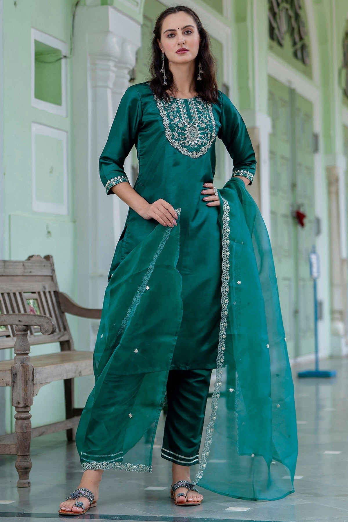 Buy Green Round Neck Silk Kurta Set for women by Aastha Fashion online available at scrollnshops