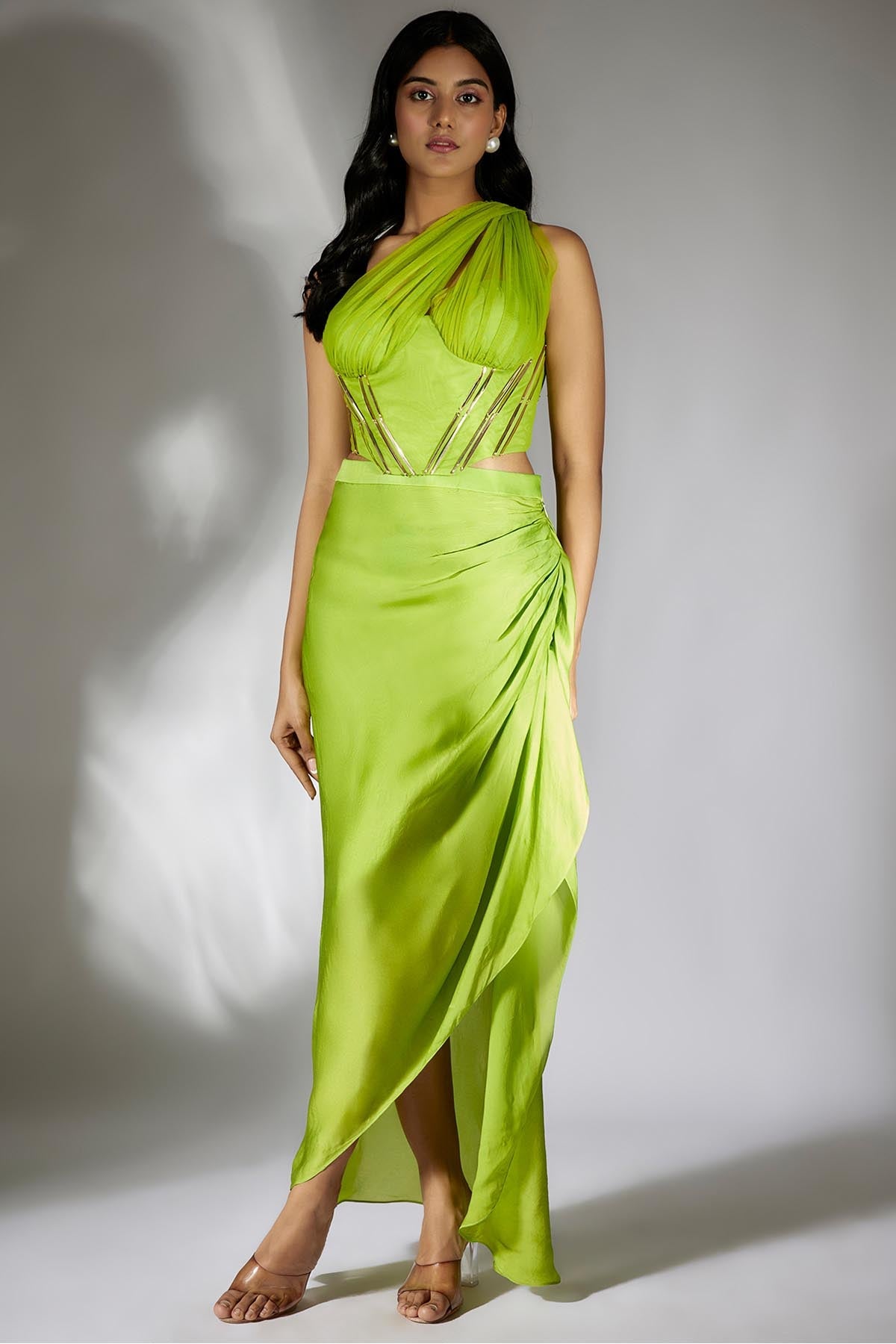 Buy Green Ruched Top & Drape Skirt by Masumi Mewawalla for women online at ScrollnShops