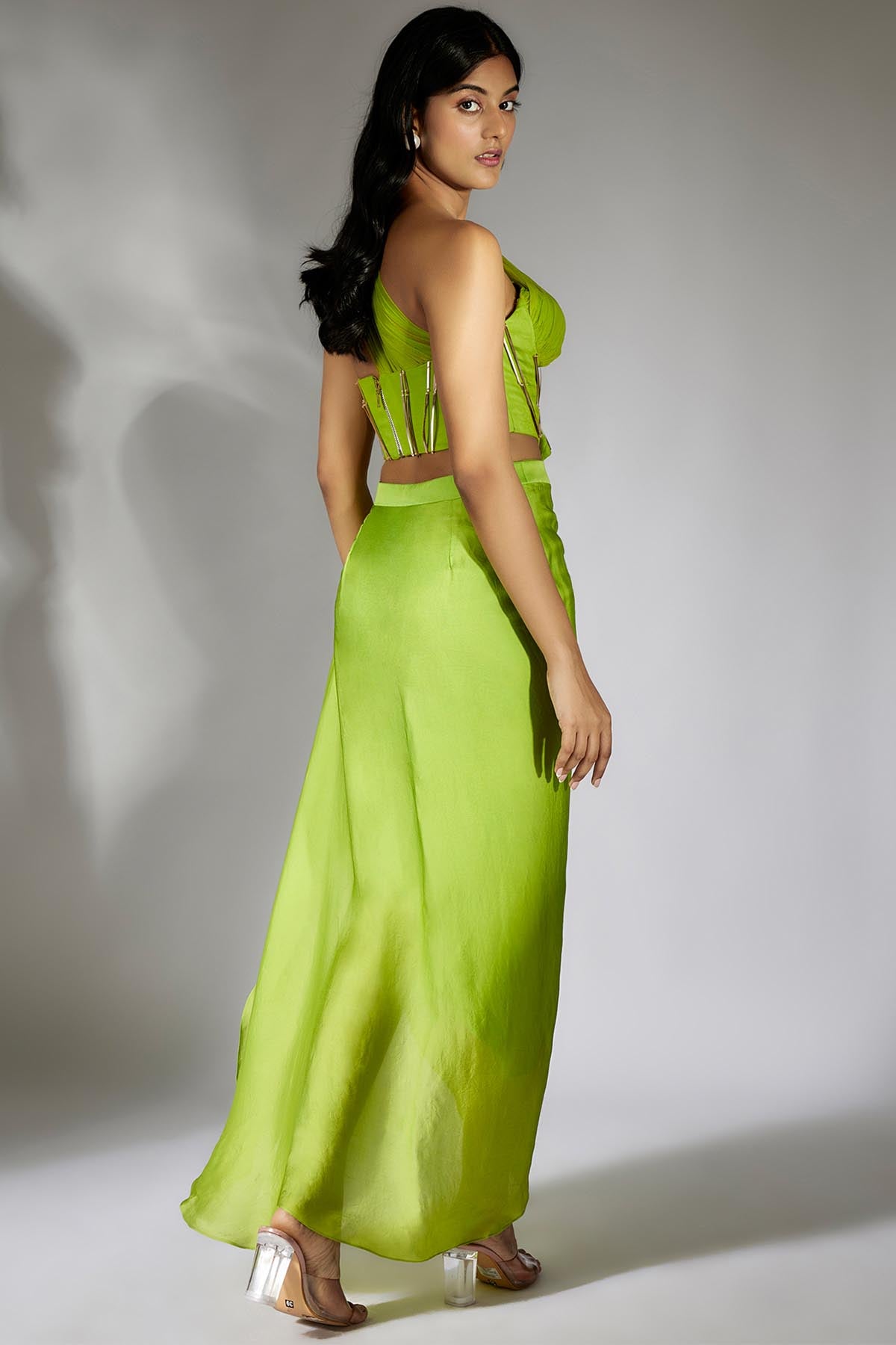 Green Ruched Top & Drape Skirt