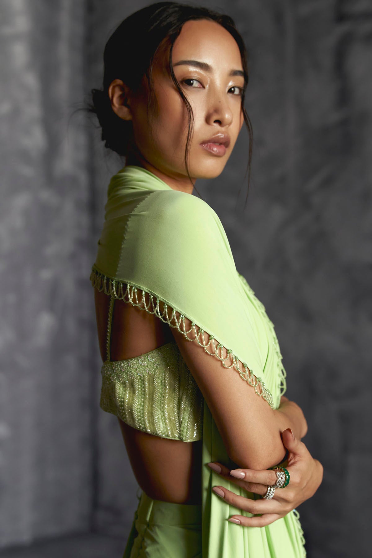 Green Saree & Embellished Blouse