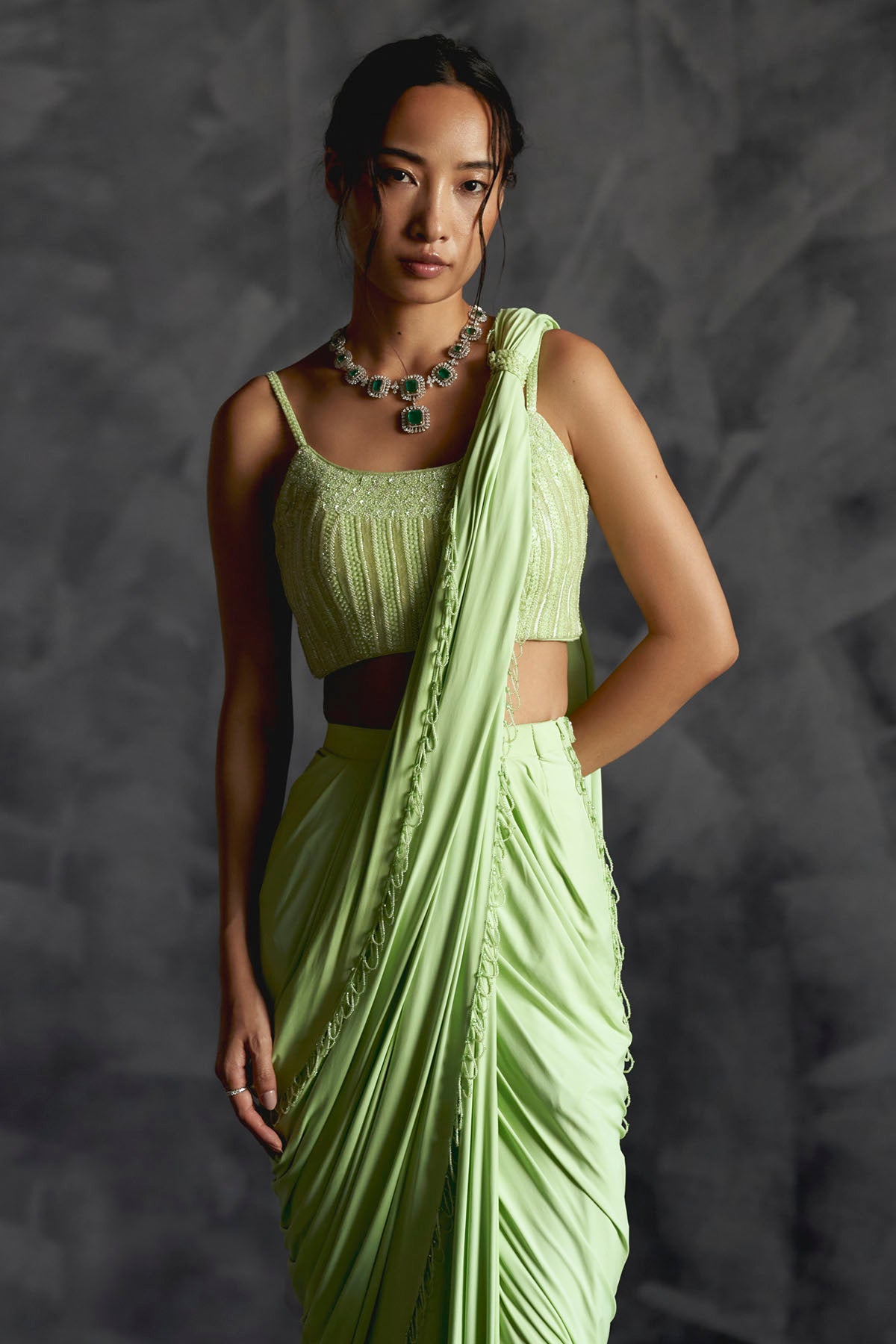 Green Saree & Embellished Blouse