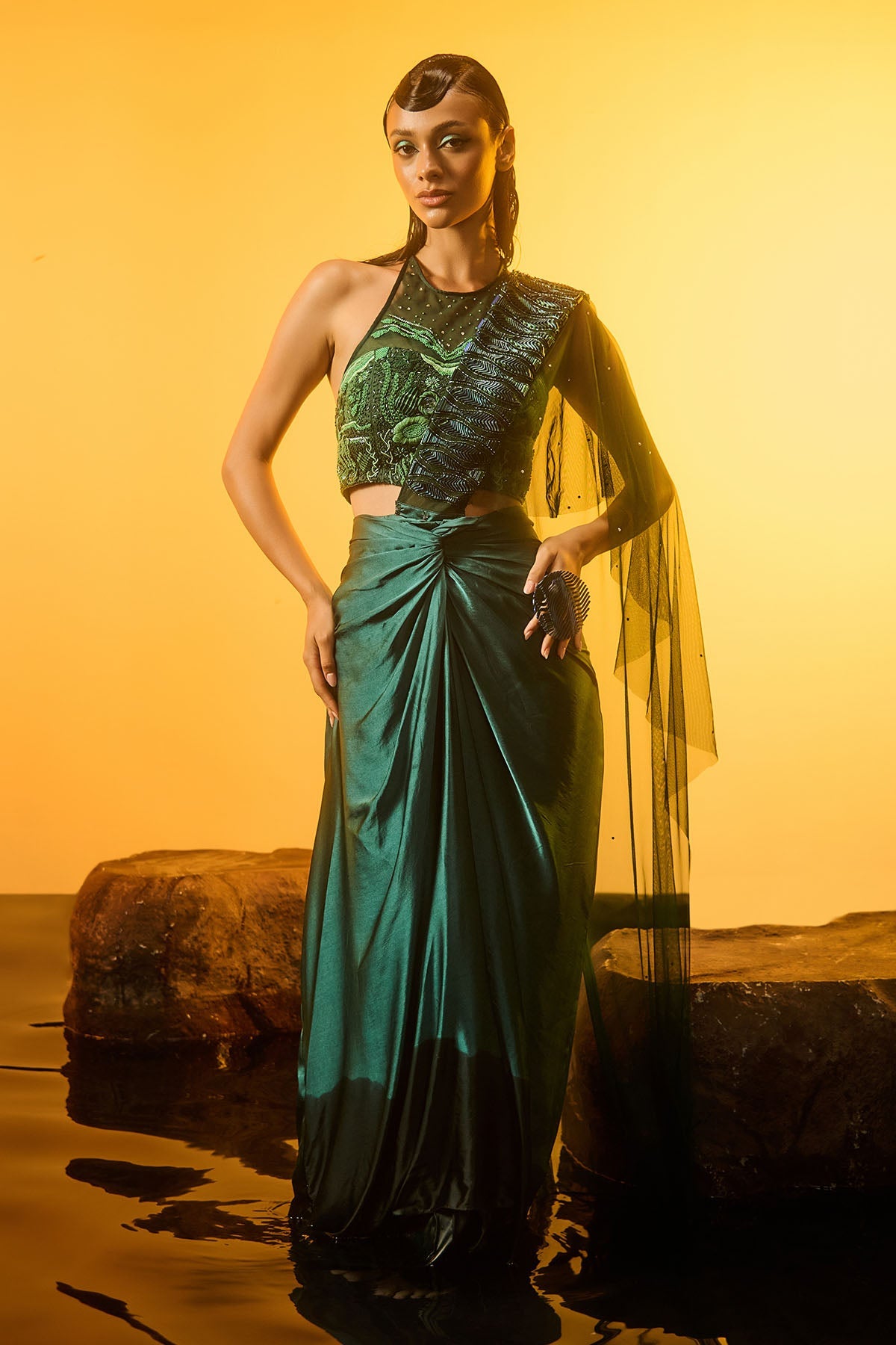 Buy Green Saree & Halter Neck Blouse by Asaaye for women online at ScrollnShops