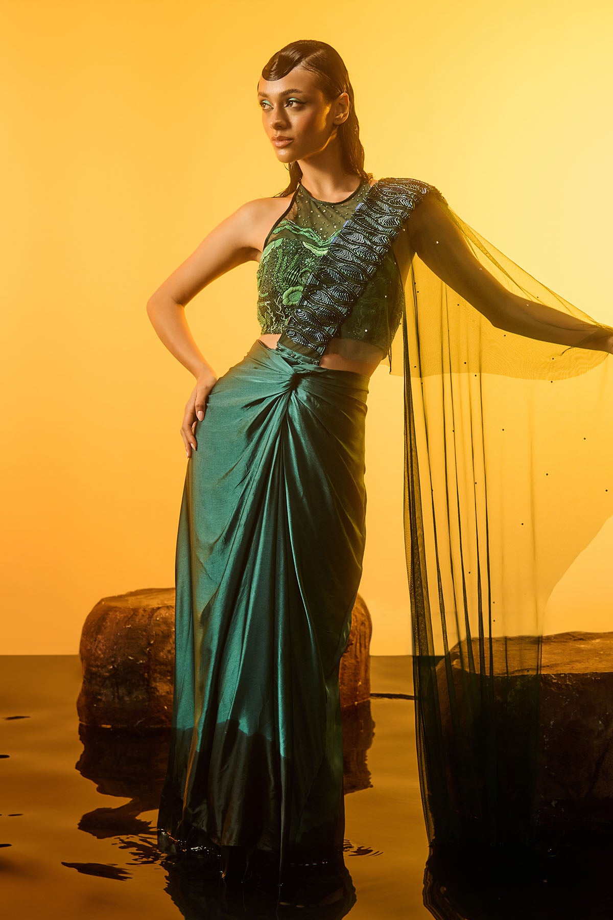 Green Saree & Halter Neck Blouse