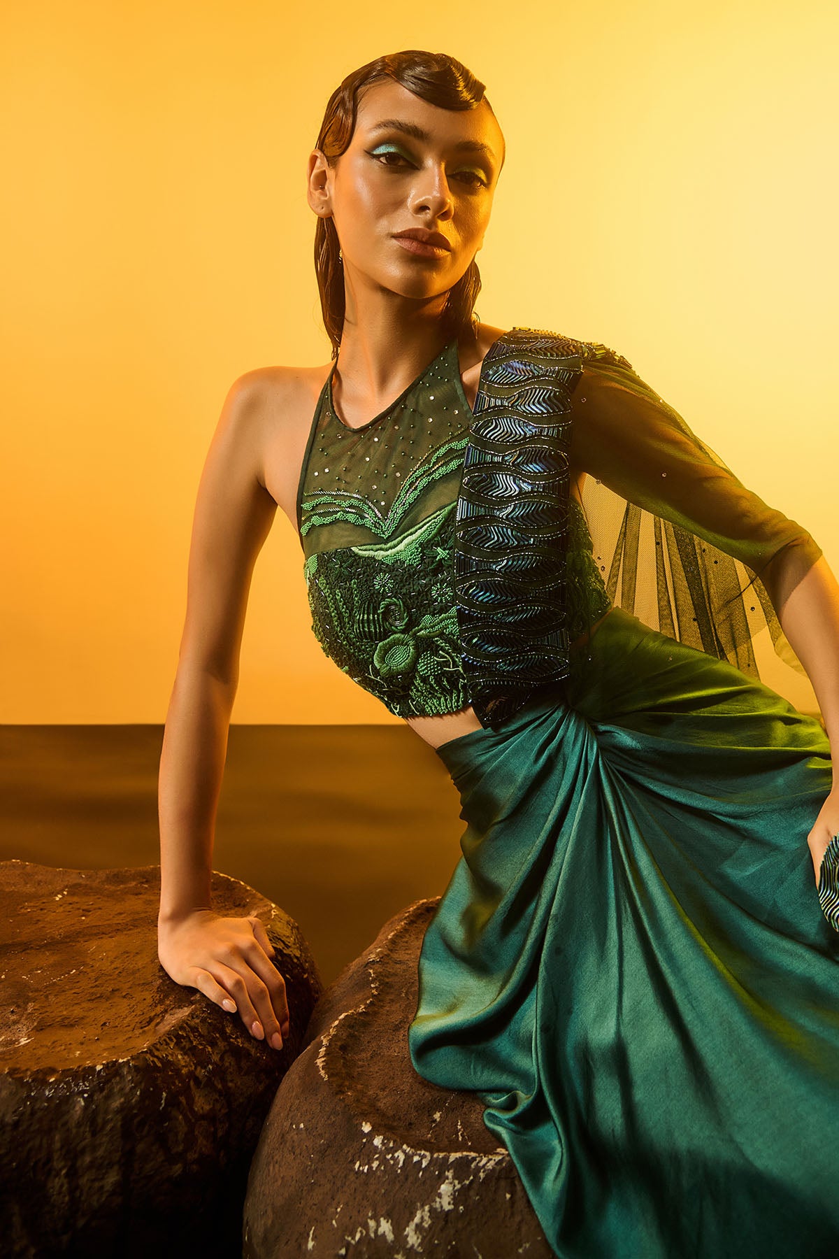 Green Saree & Halter Neck Blouse