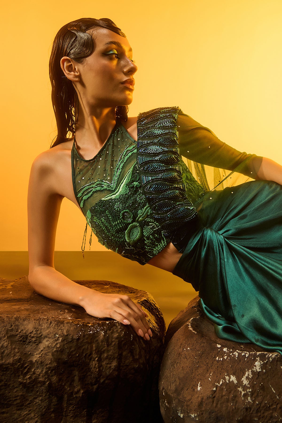 Green Saree & Halter Neck Blouse