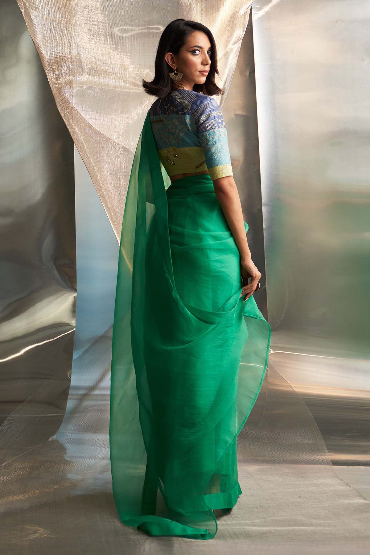 Green Saree & Multicolor Blouse