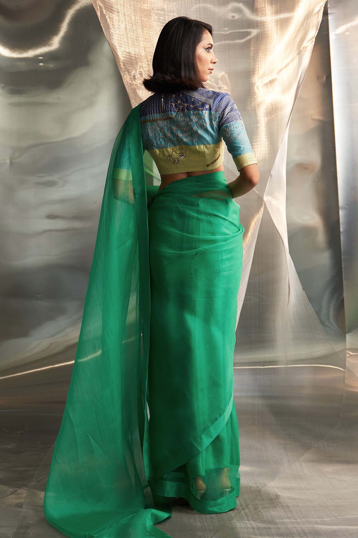 Green Saree & Multicolor Blouse
