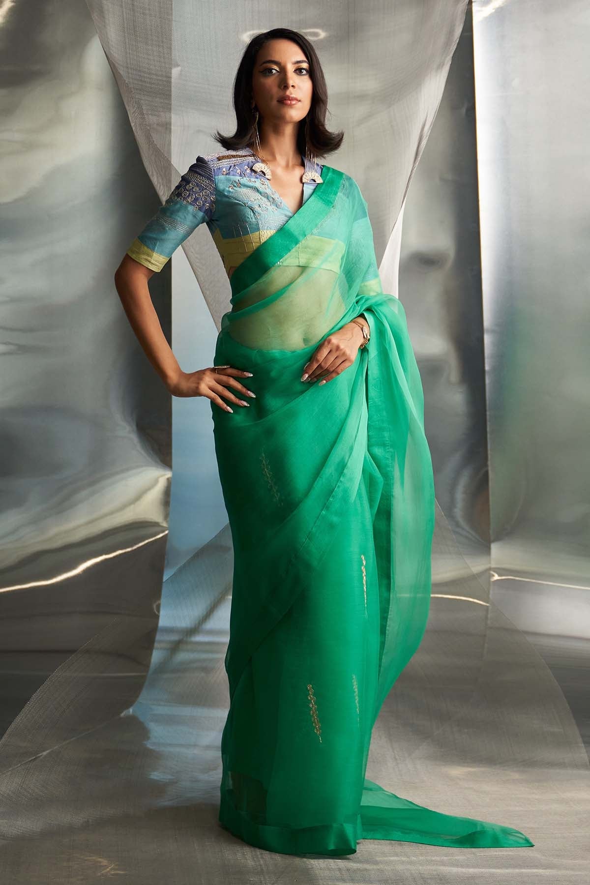 Buy Green Saree & Multicolor Blouse Online