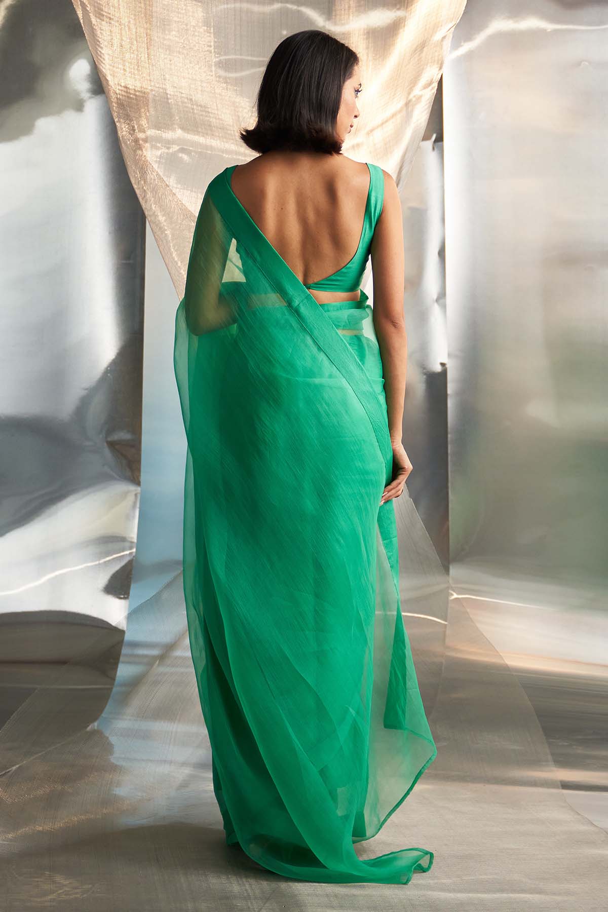 Green Saree & Sleeveless Blouse