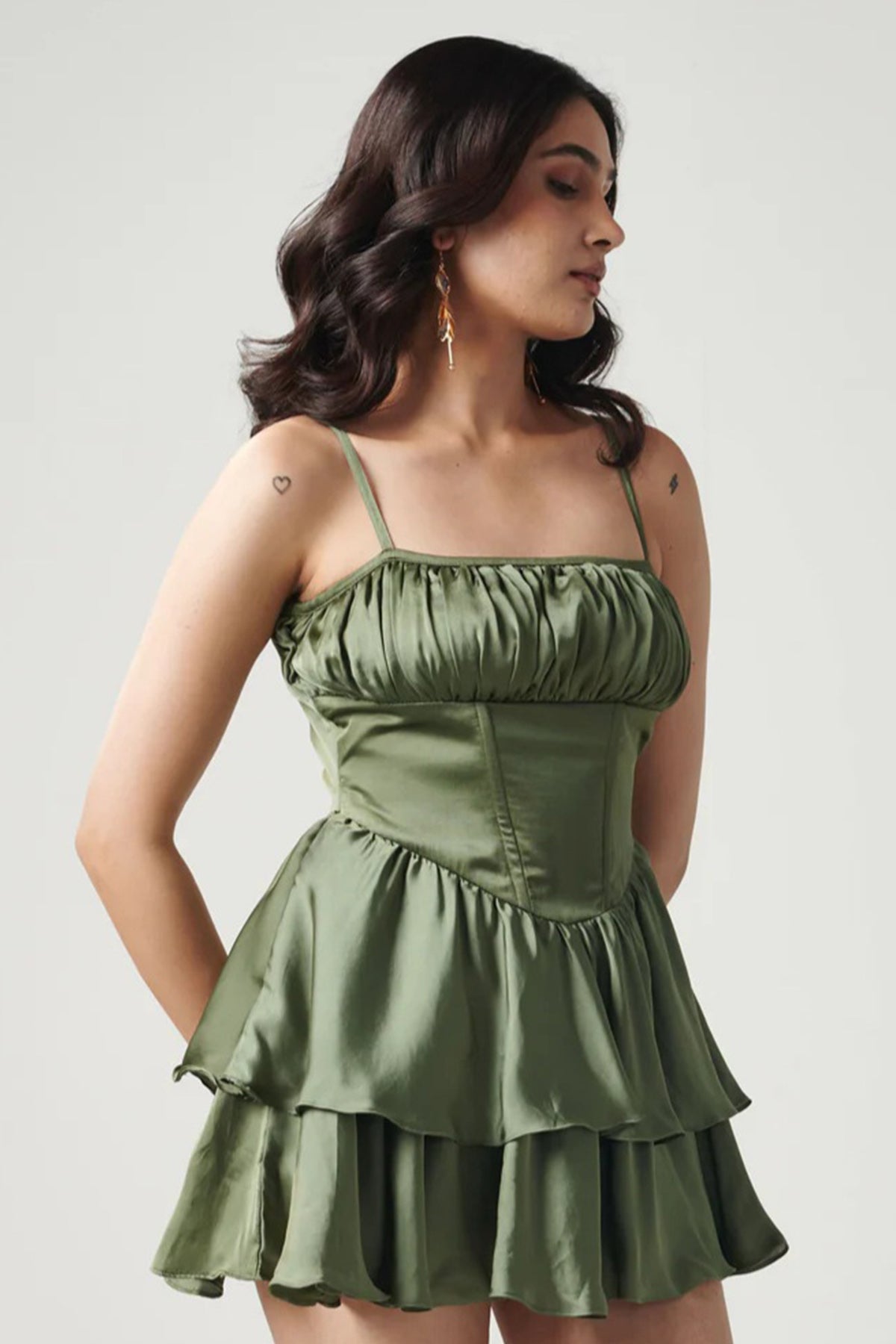Green Satin Frock Mini Dress