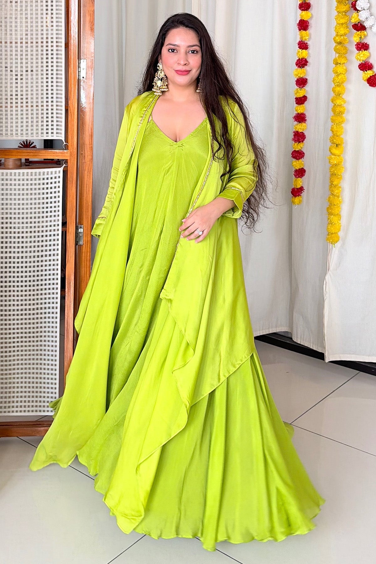 Green Satin Jacket Maxi Dress