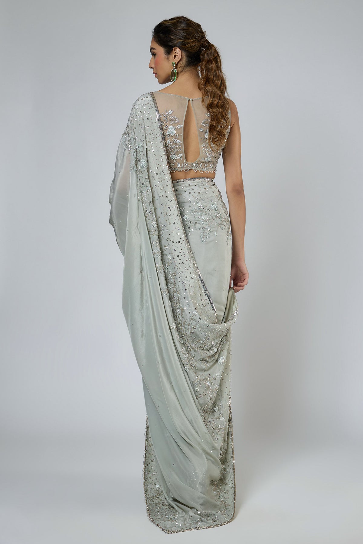 Green Scallop Tassel Saree Set