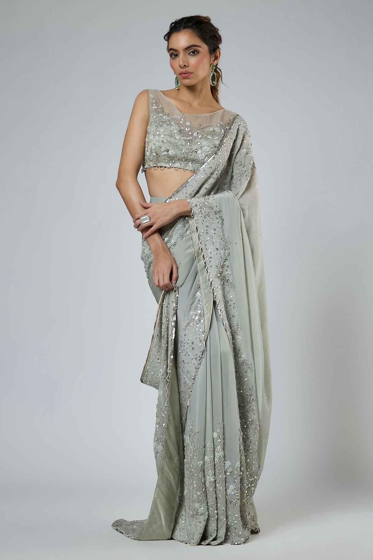 Buy Green Scallop Tassel Saree Set for women by Masumi Mewawalla online available at scrollnshops