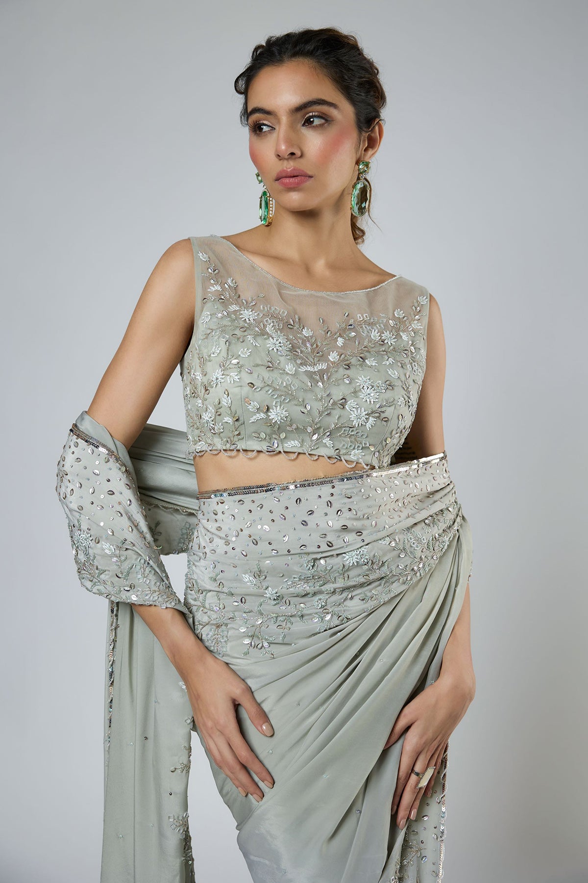 Green Scallop Tassel Saree Set