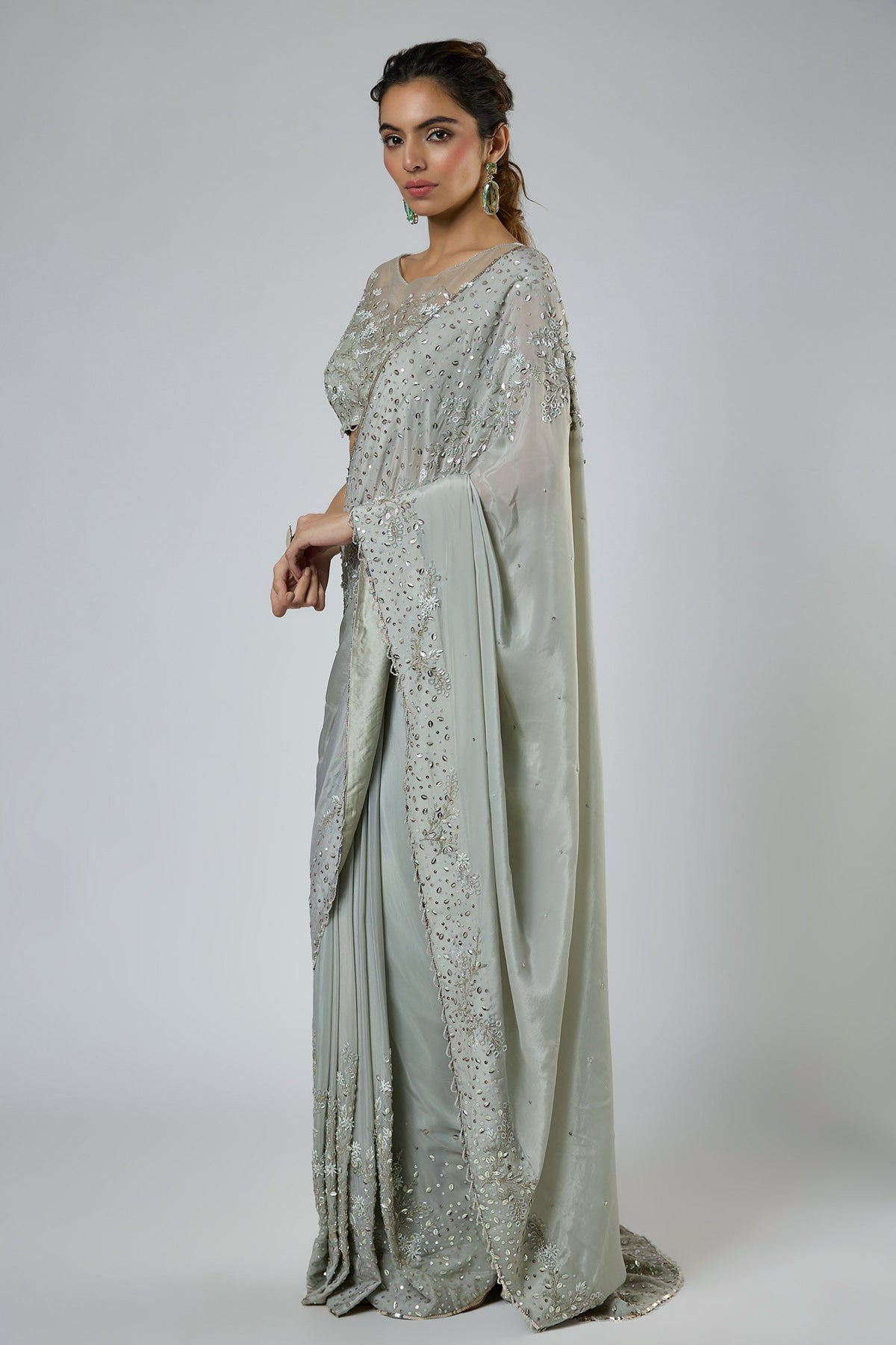 Green Scallop Tassel Saree Set