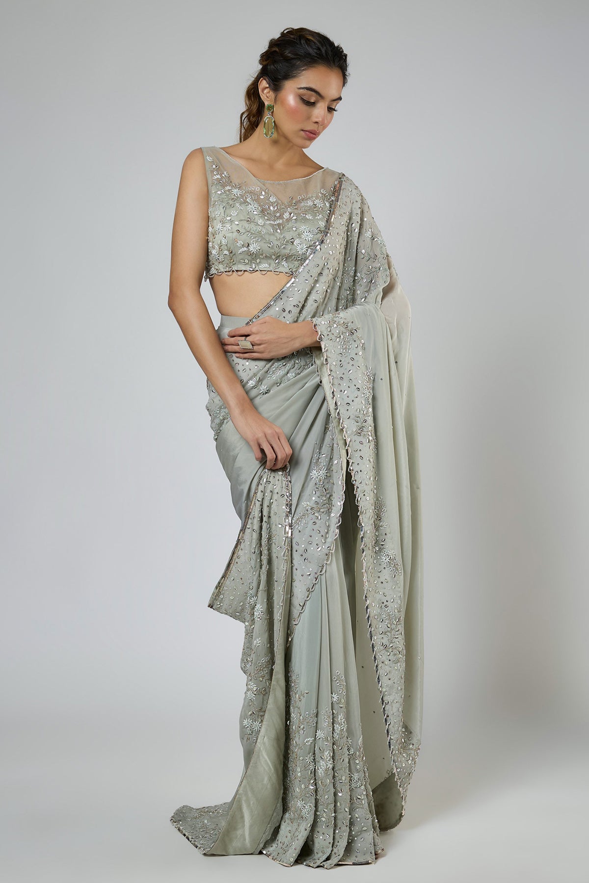 Green Scallop Tassel Saree Set