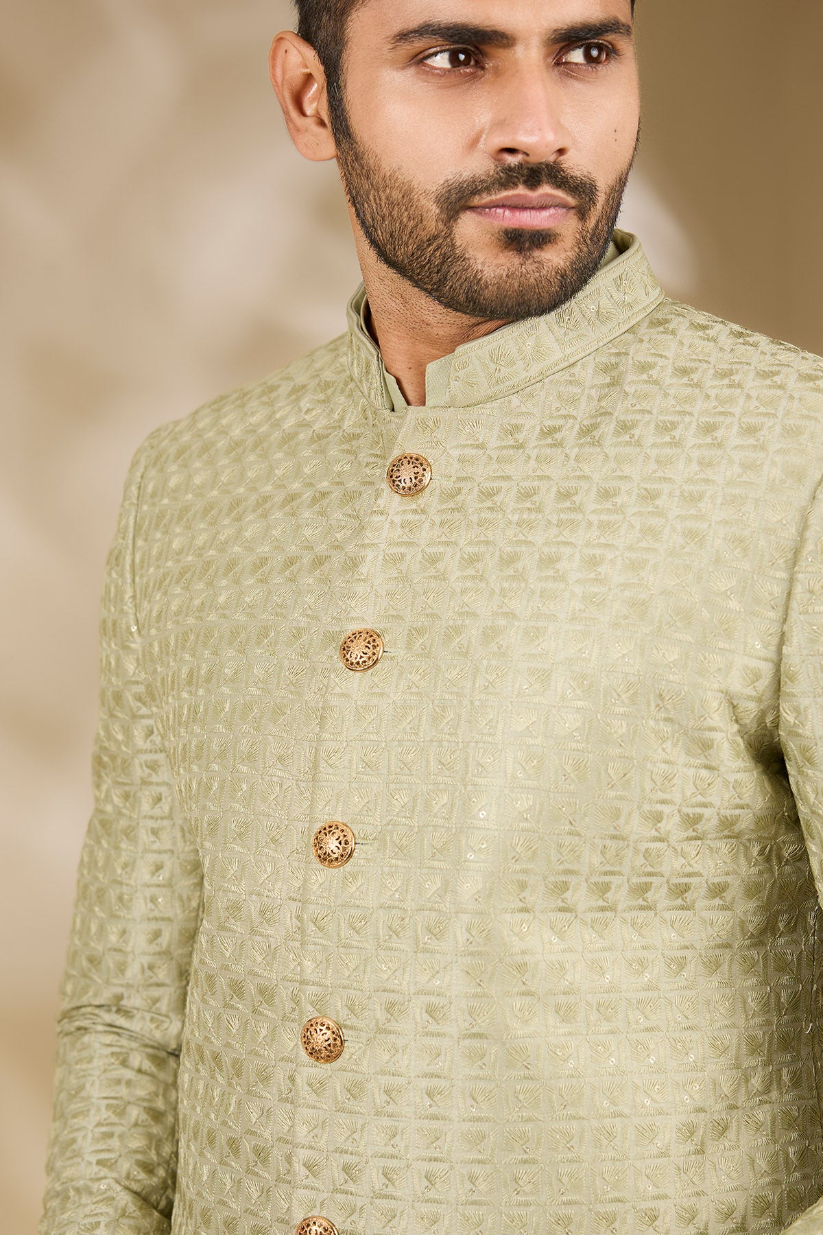 Green Self Resham Sherwani Set
