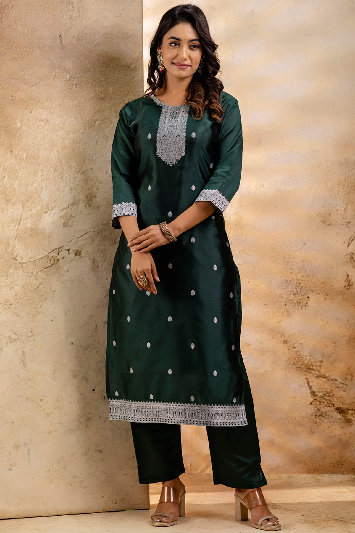 Green Self Weaving Kurta Set